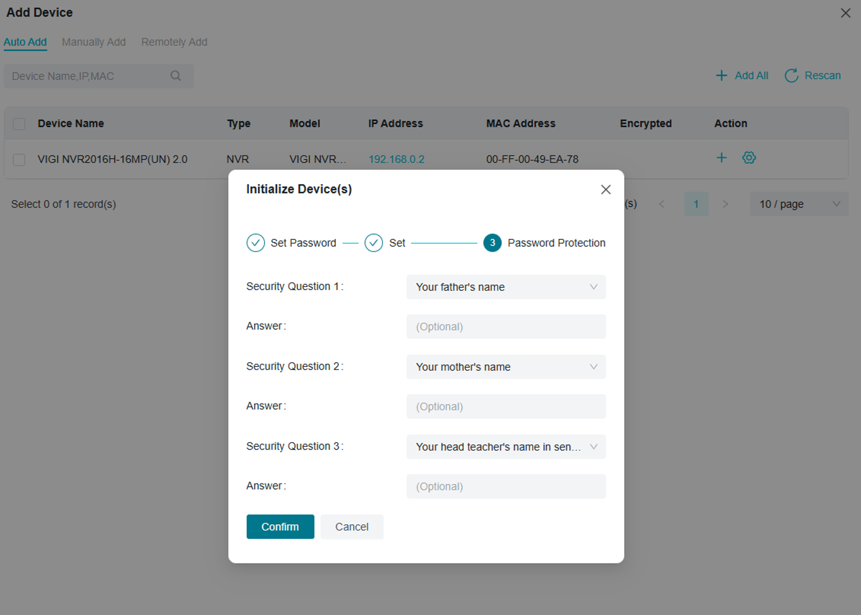 NVR password protection page showing password recovery and security question settings