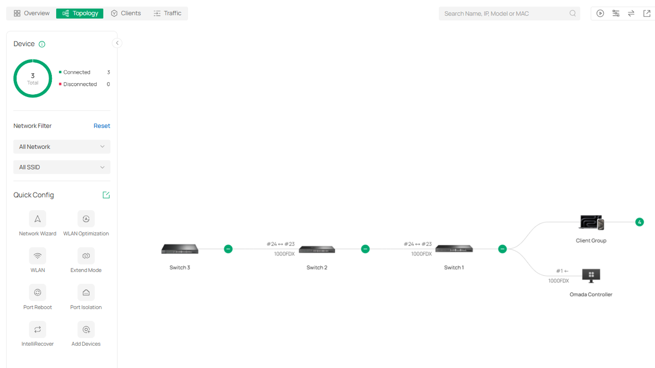 Omada Controller topology view showing three connected switches and downstream clients