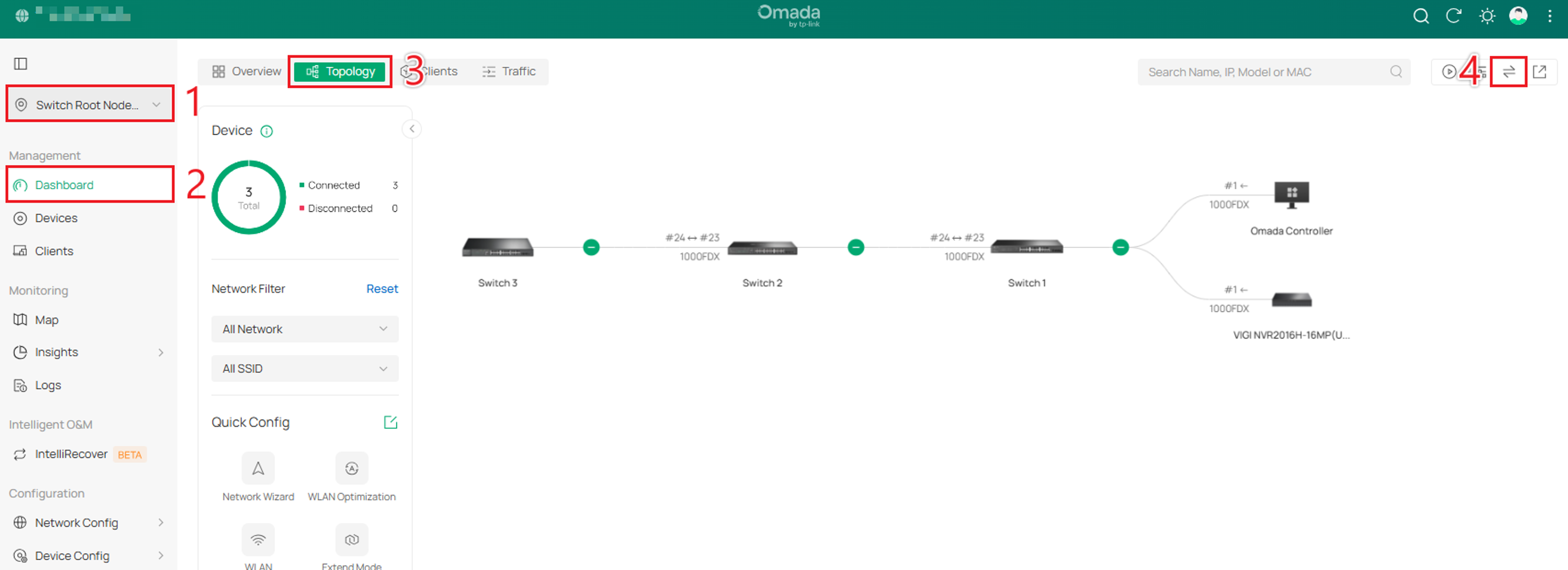 Omada Controller Dashboard with the Topology tab and Root Node icon highlighted