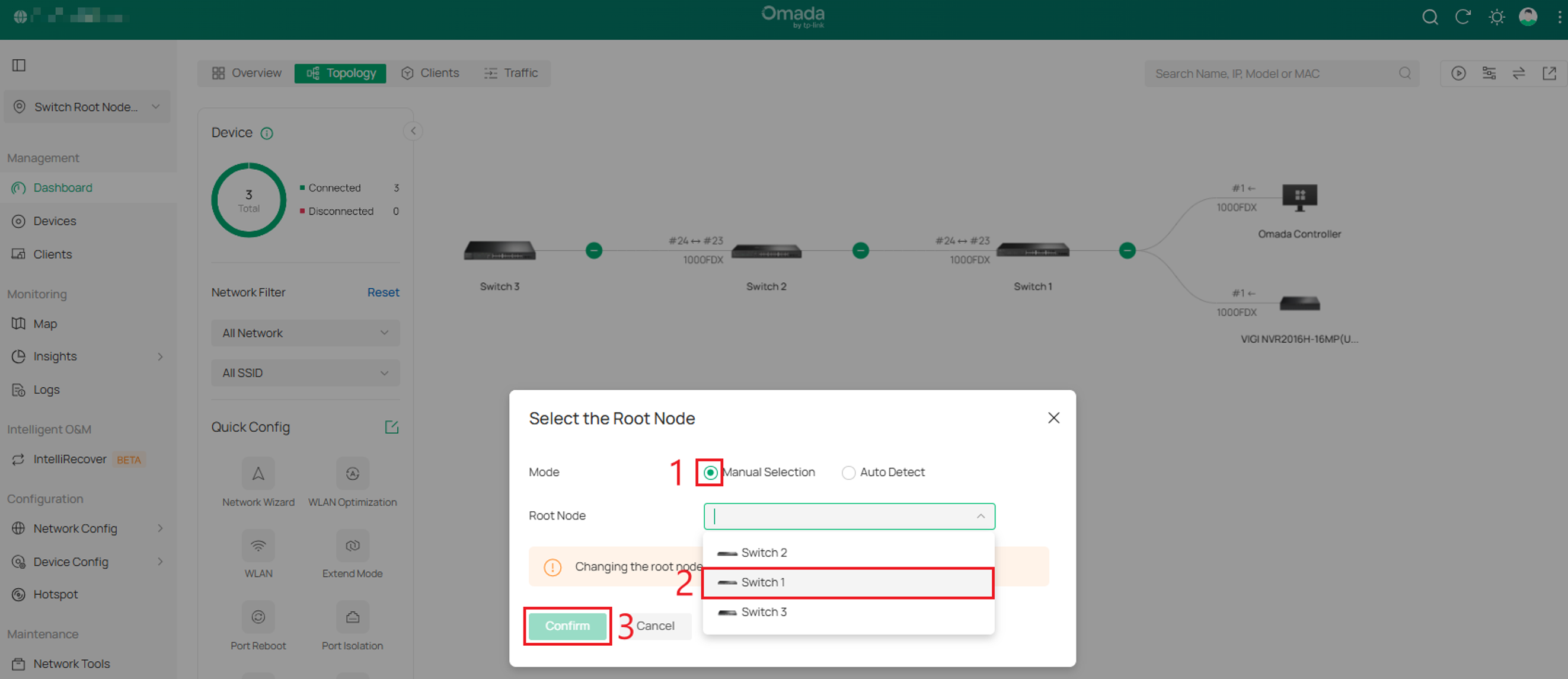 Omada Controller Select the Root Node dialog showing Manual Selection and the Root Node drop-down menu