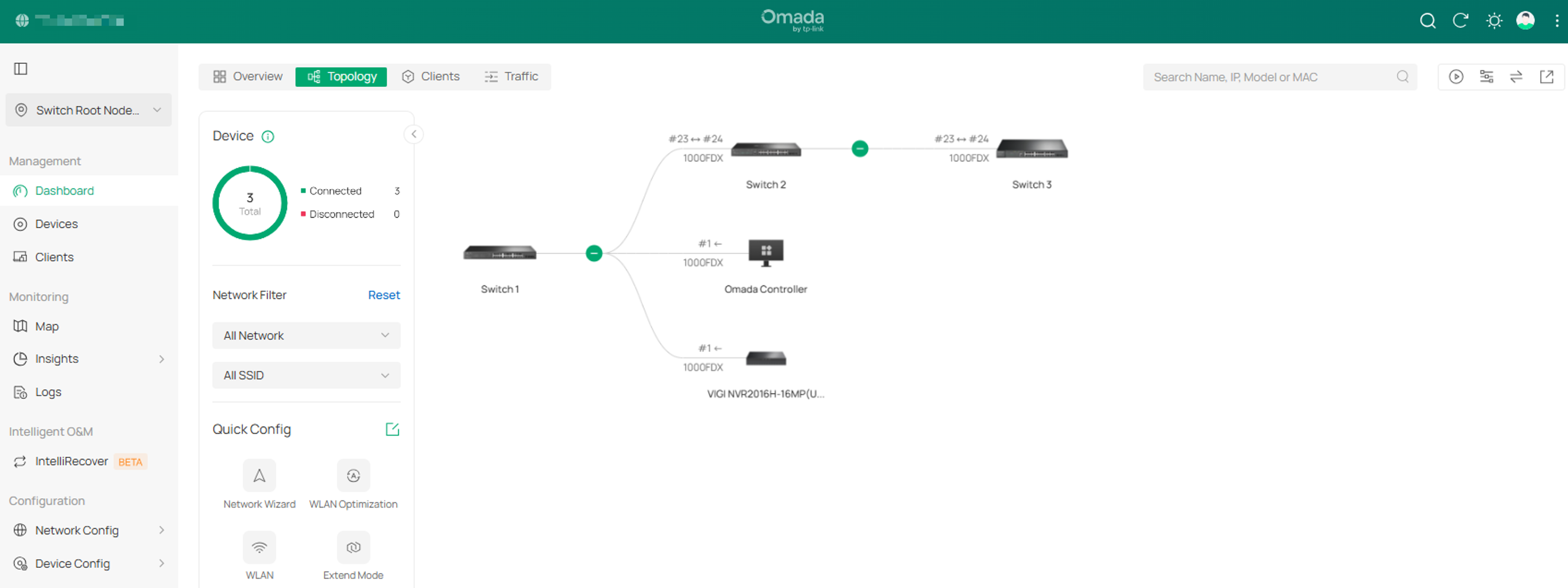 Omada Controller topology showing the selected Root Node with the remaining devices downstream