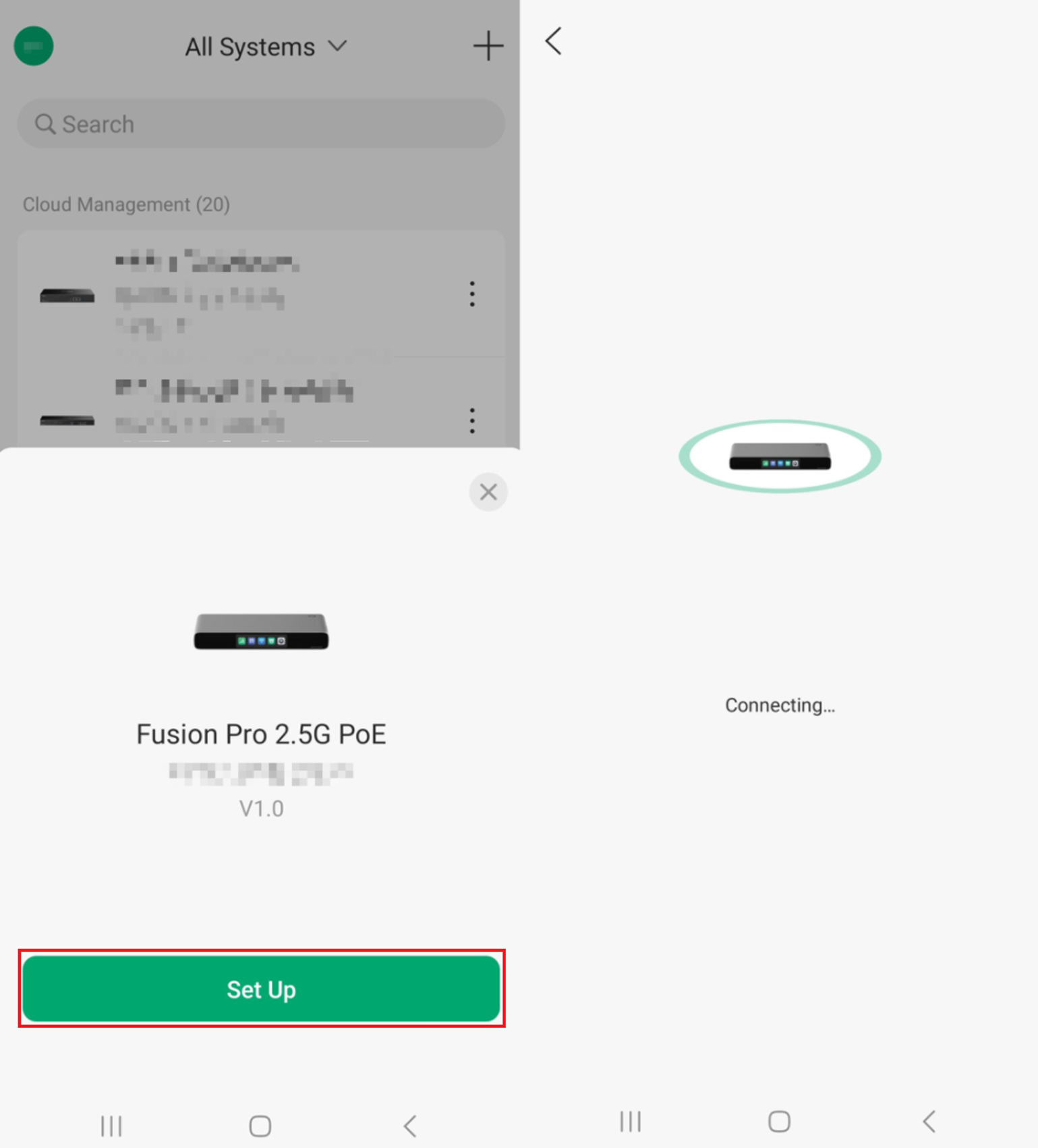 Omada App showing a Fusion Pro 2.5G PoE discovered by Bluetooth with the Set Up button highlighted