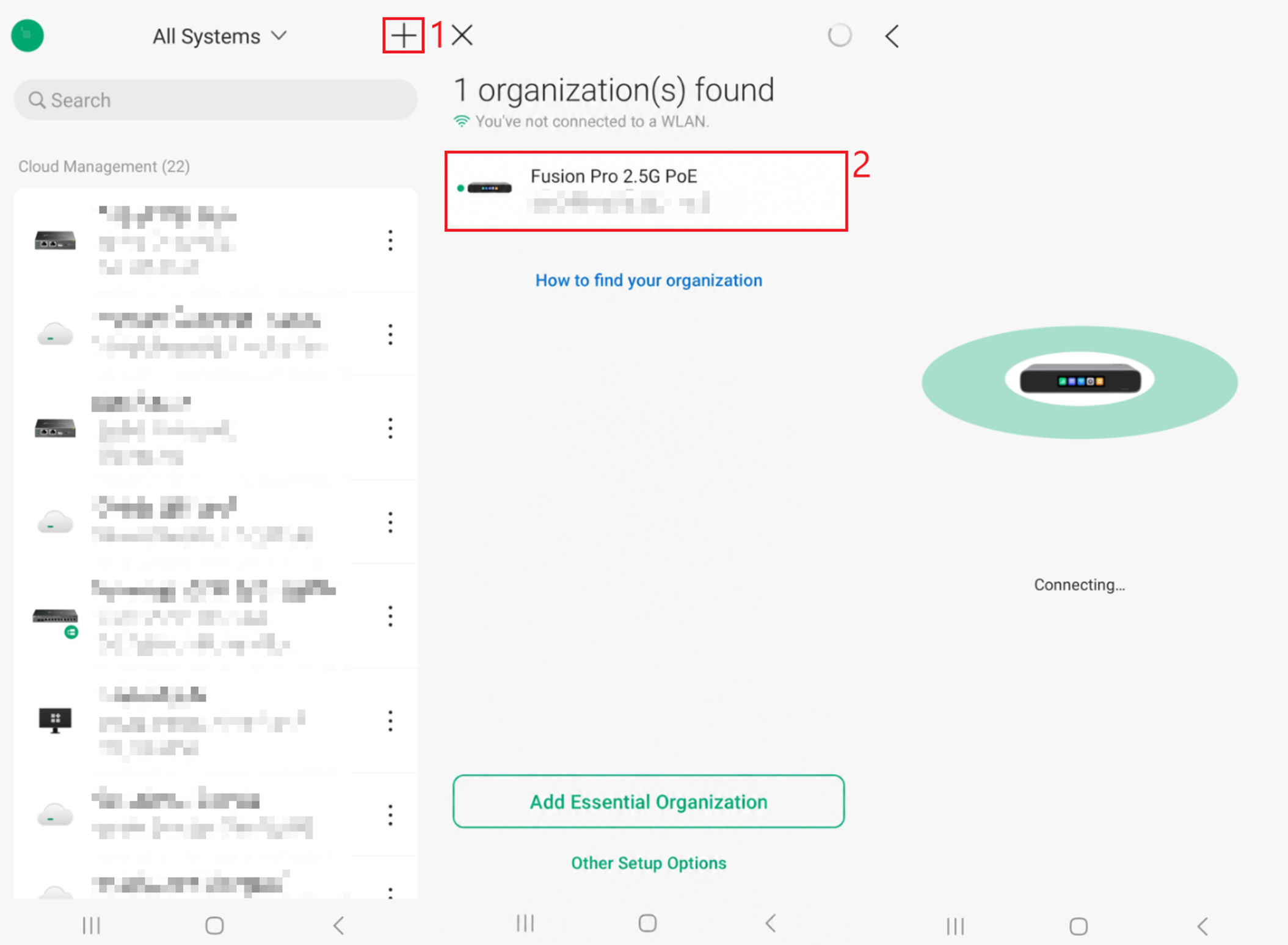 Omada App All Systems screen showing the plus sign and a discovered Fusion Pro 2.5G PoE