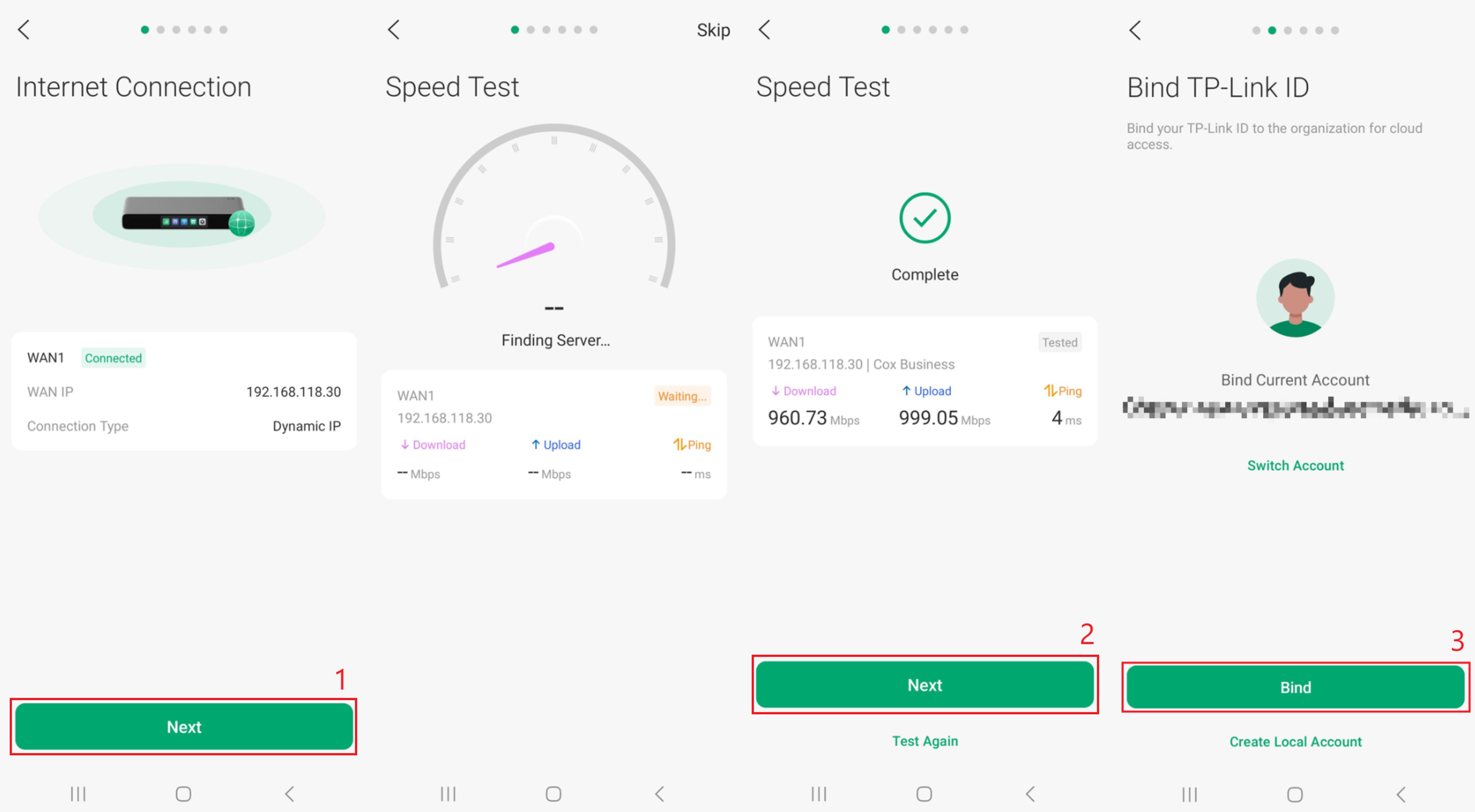 Omada App setup screens showing internet connection, speed test, and Bind TP-Link ID options