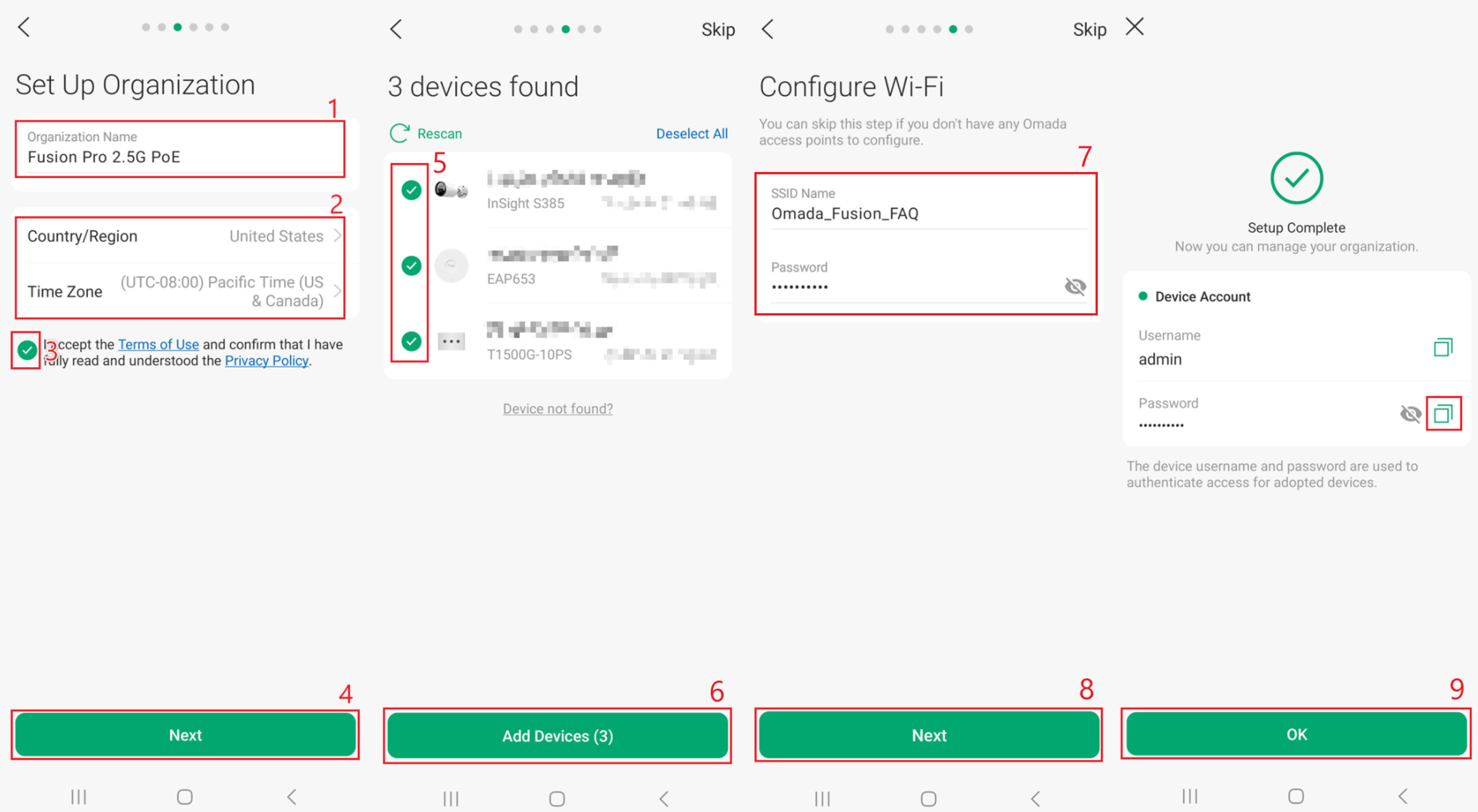 Omada App setup screens showing organization, device, Wi-Fi, and setup completion settings