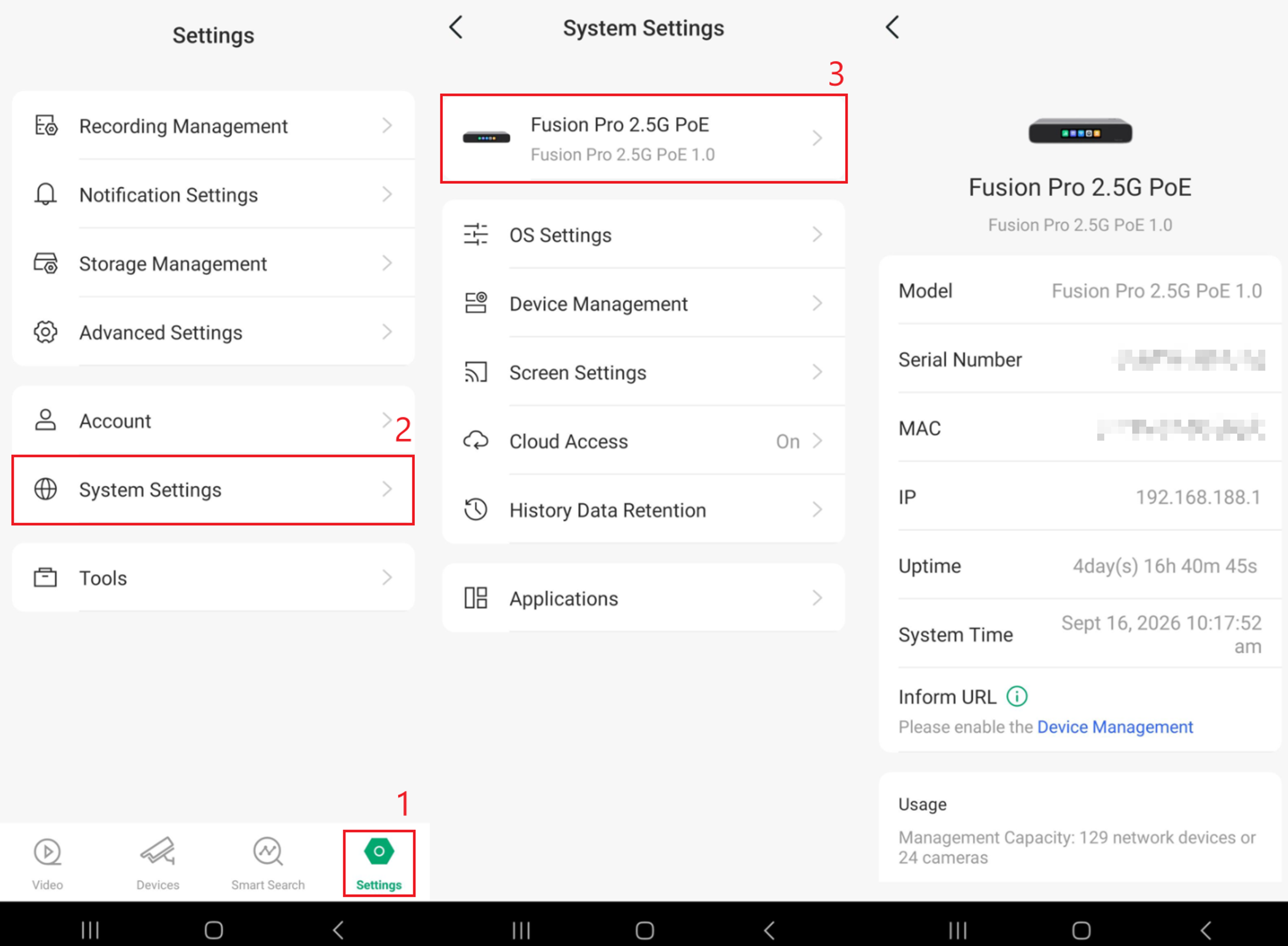 Omada Guard System Settings showing Fusion Pro device information including model, IP address, and uptime
