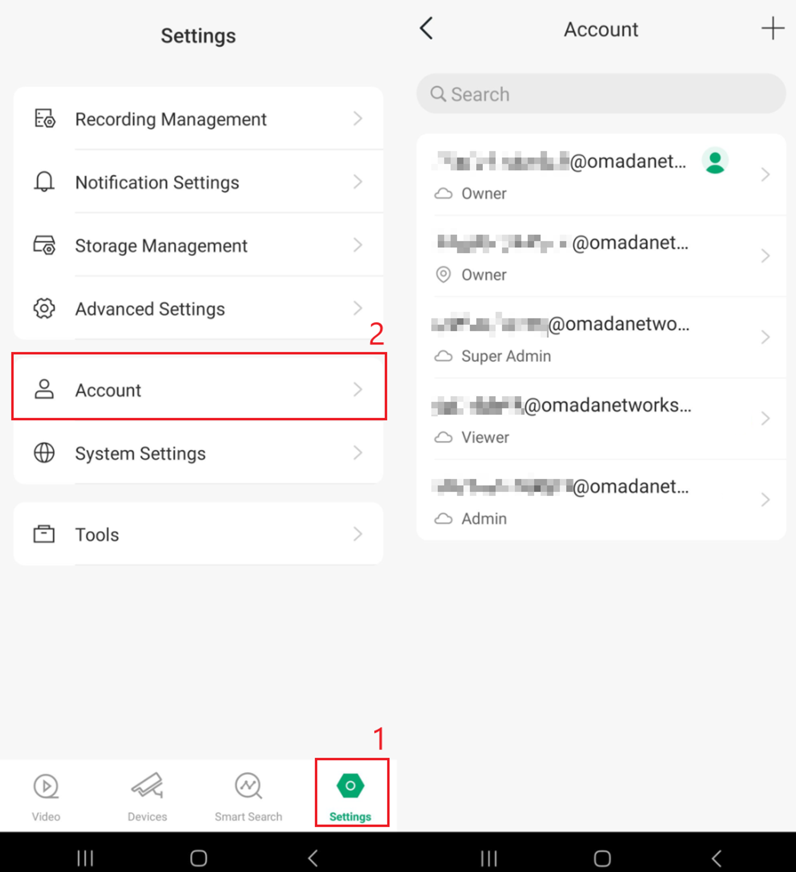 Omada Guard Account page showing the list of users and their assigned roles