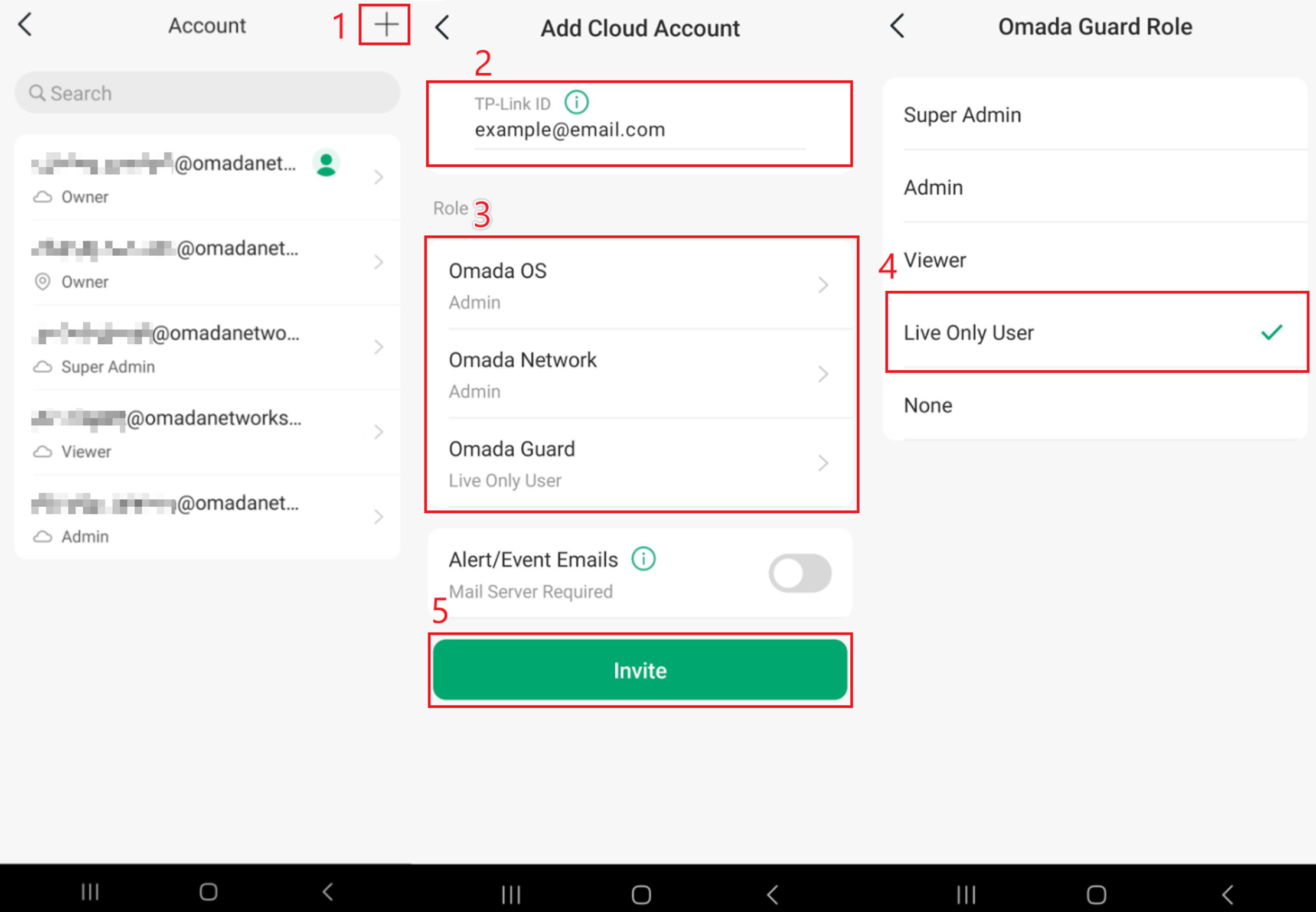 Omada Guard account setup showing TP-Link ID and application role selection for a new user