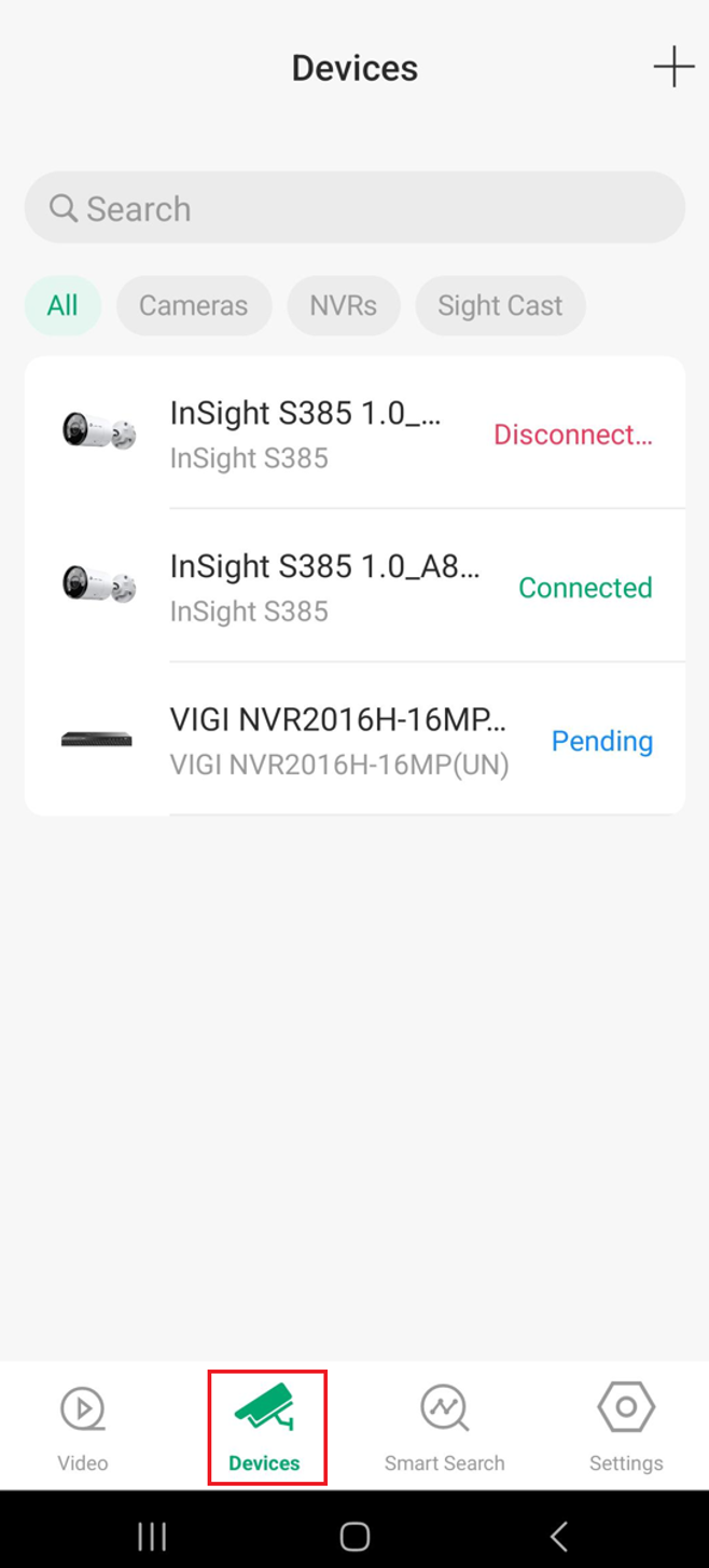 Omada Guard Devices page showing cameras and an NVR with Connected, Disconnected, and Pending statuses