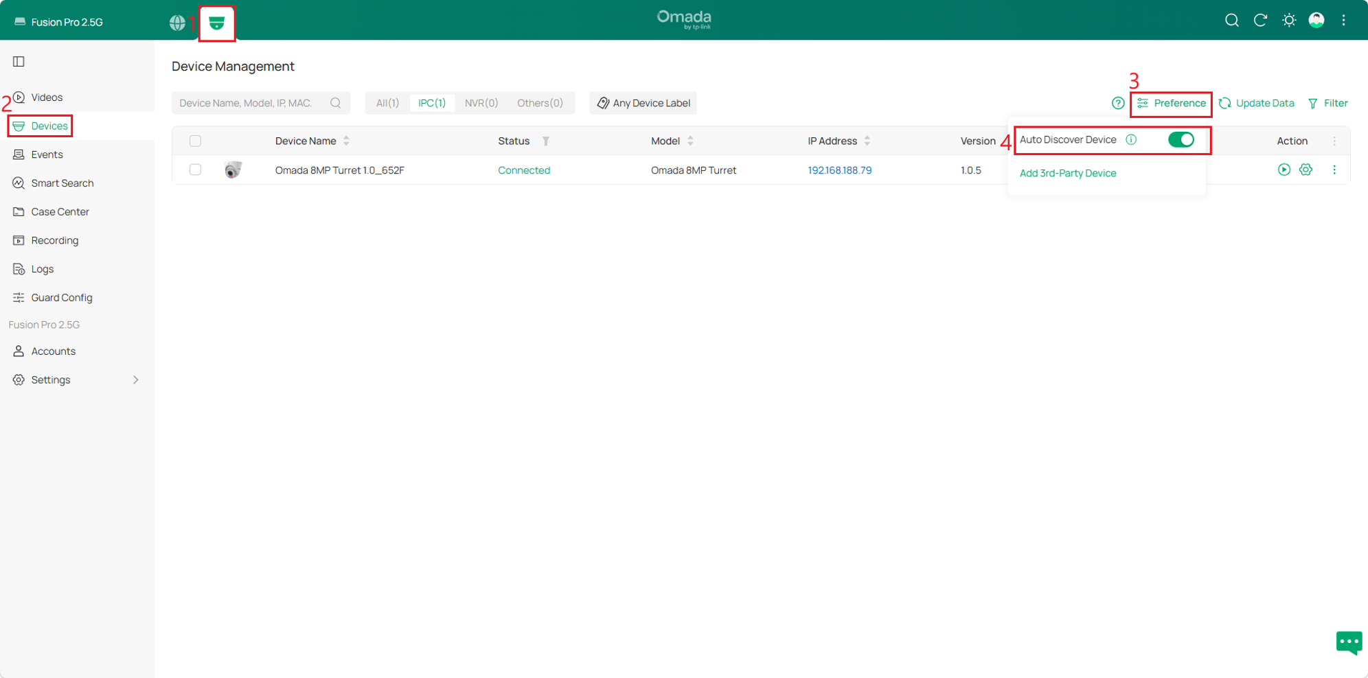 Omada Guard Devices page showing Auto Discover Device enabled under Preference