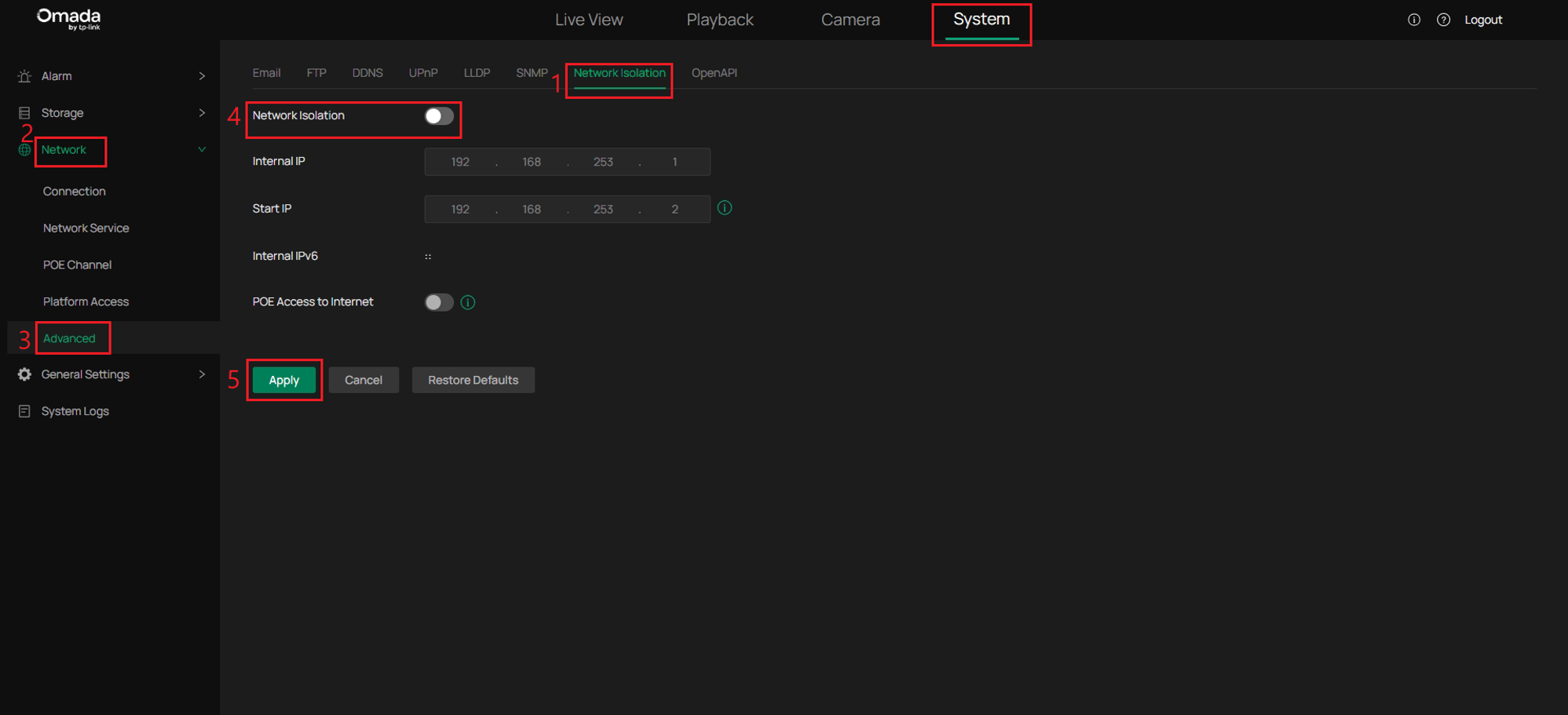 Omada NVR Network Isolation page showing Network Isolation disabled and the Apply button