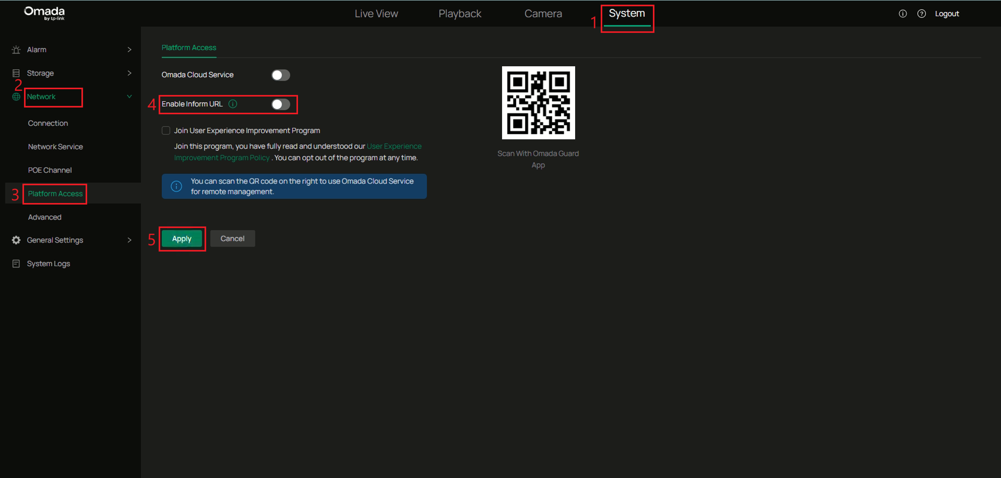 Omada NVR Platform Access page showing the Enable Inform URL switch disabled and the Apply button