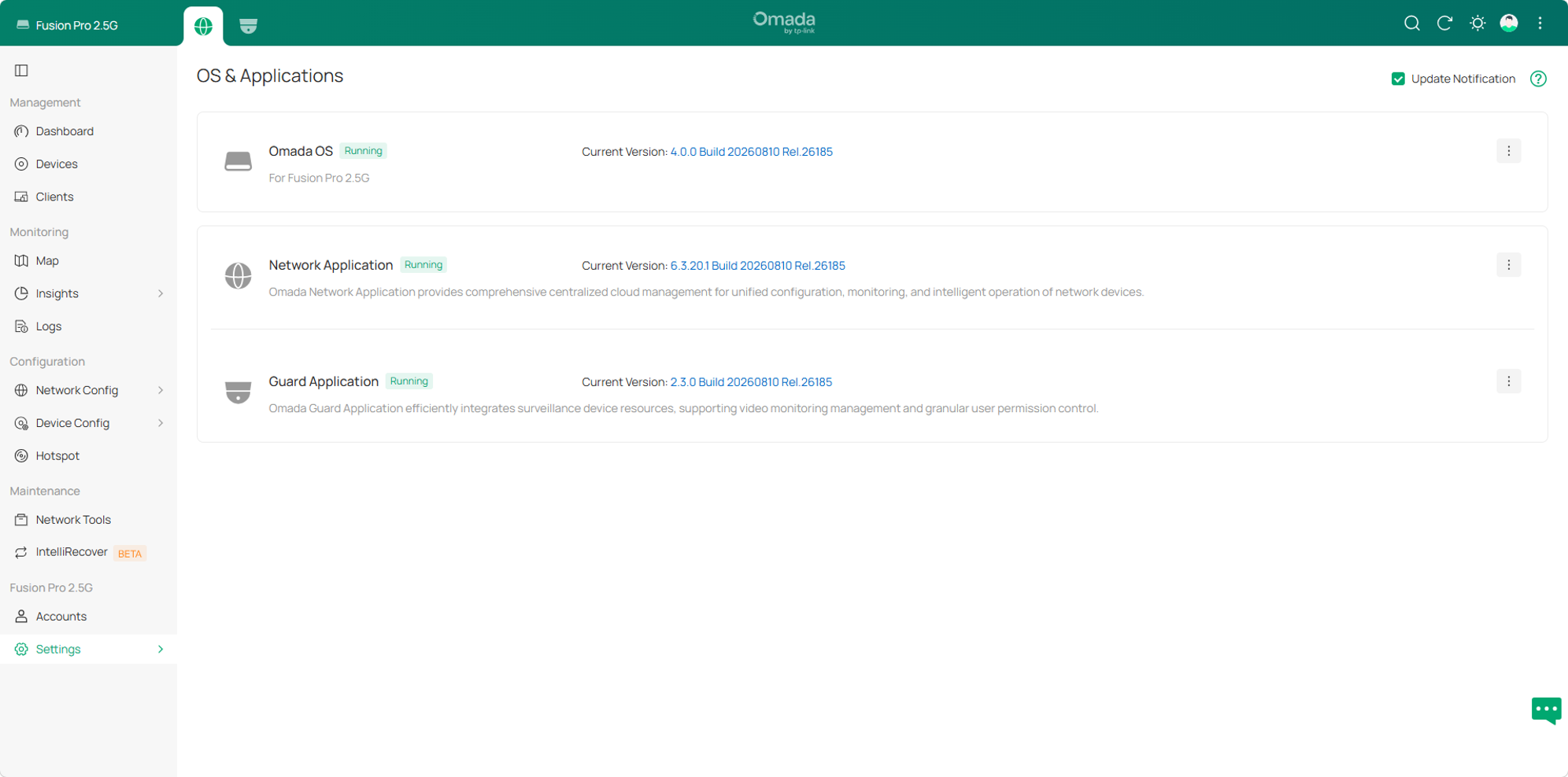 Omada Fusion Pro OS & Applications page showing the current Omada OS and application versions