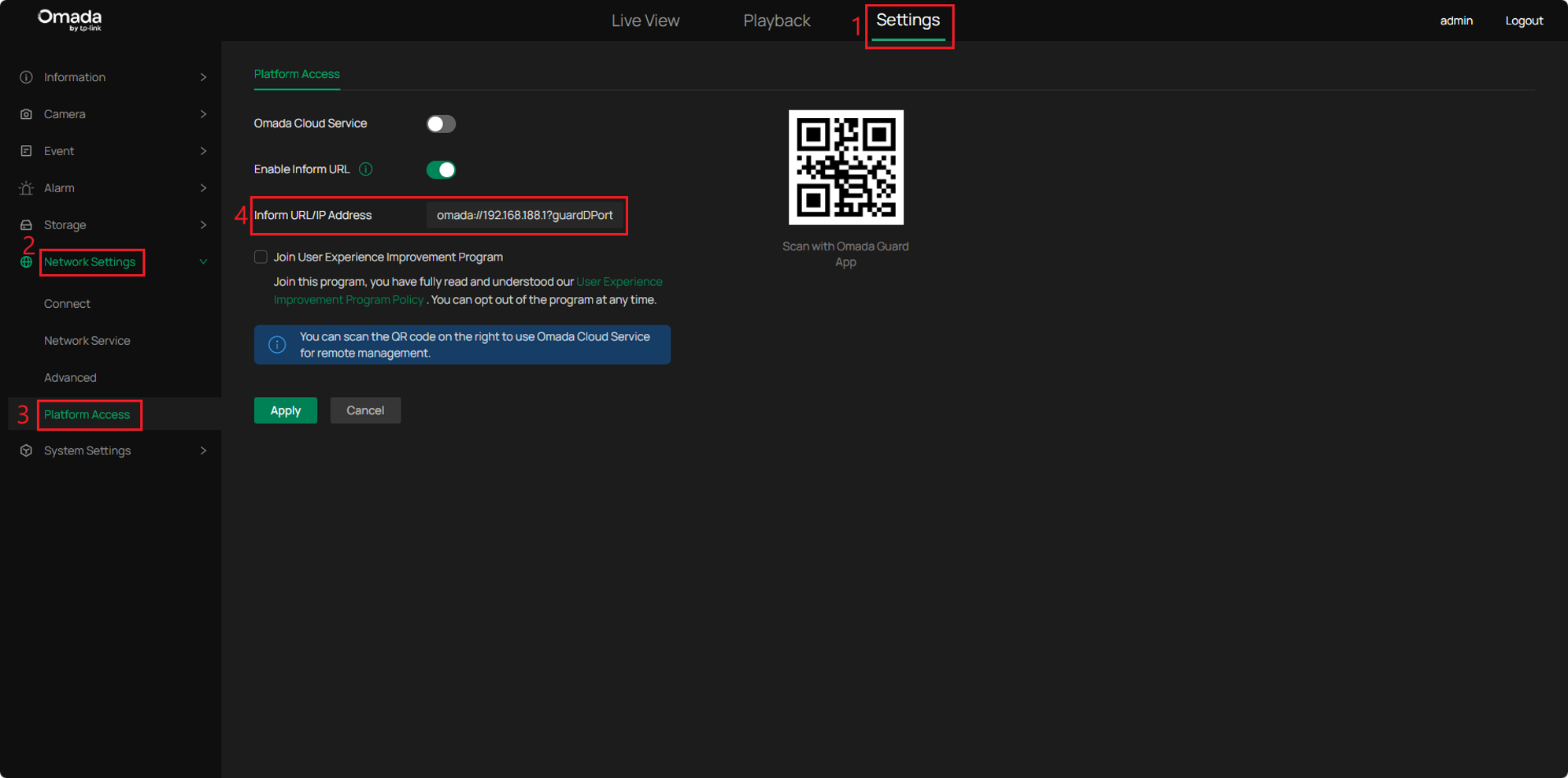Omada camera Platform Access page showing the Inform URL/IP Address setting