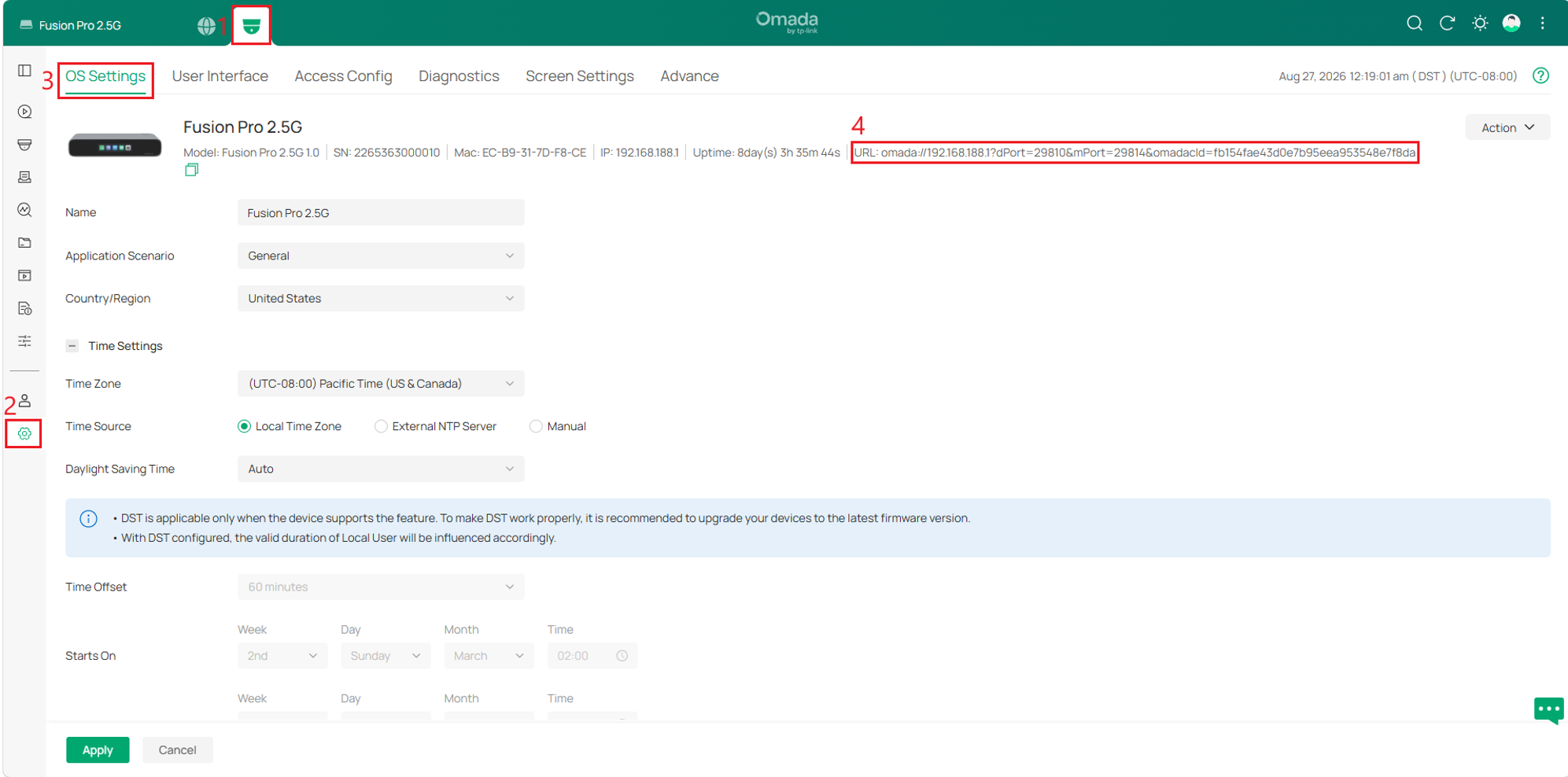 Omada Fusion Pro OS Settings showing the URL after Device Remote Management is enabled