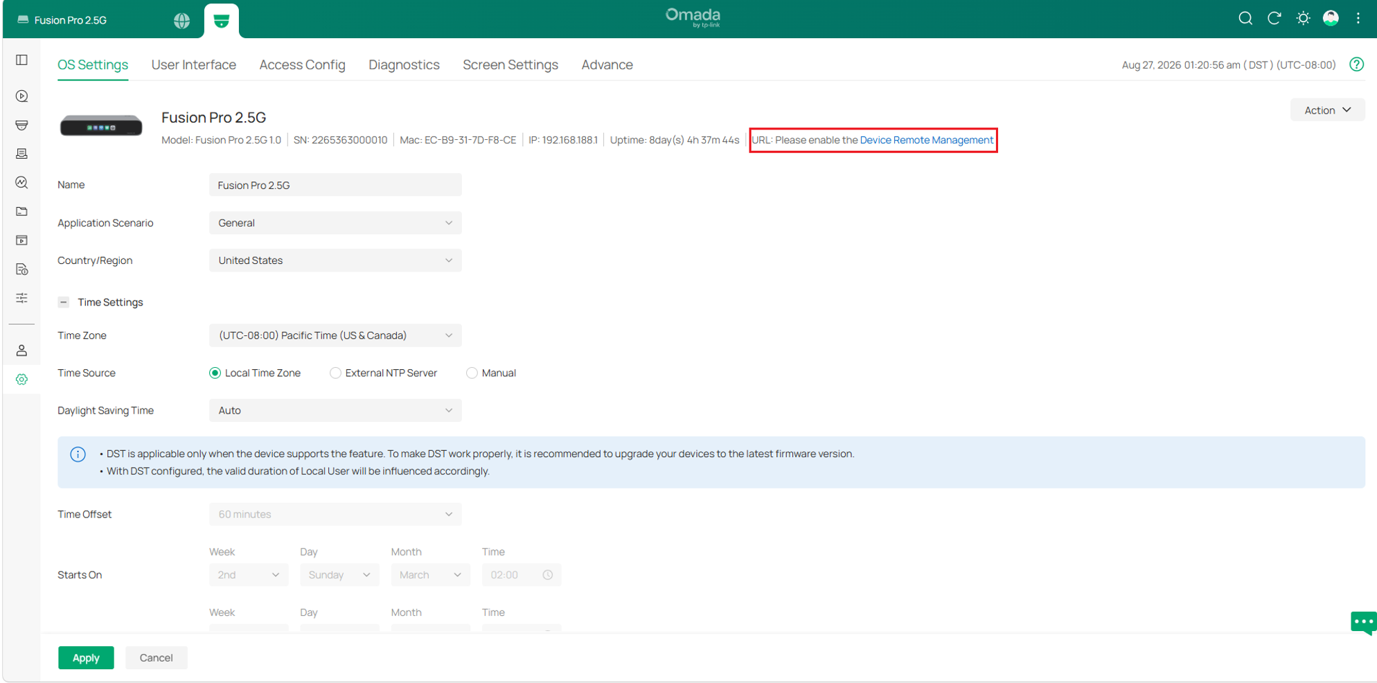 Omada Fusion Pro OS Settings showing that Device Remote Management must be enabled to display the URL
