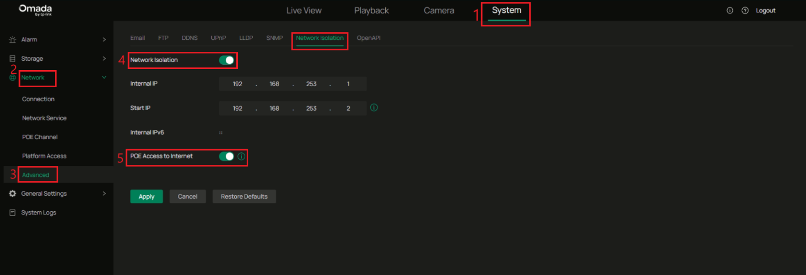 Omada NVR Network Isolation page showing the POE Access to Internet setting