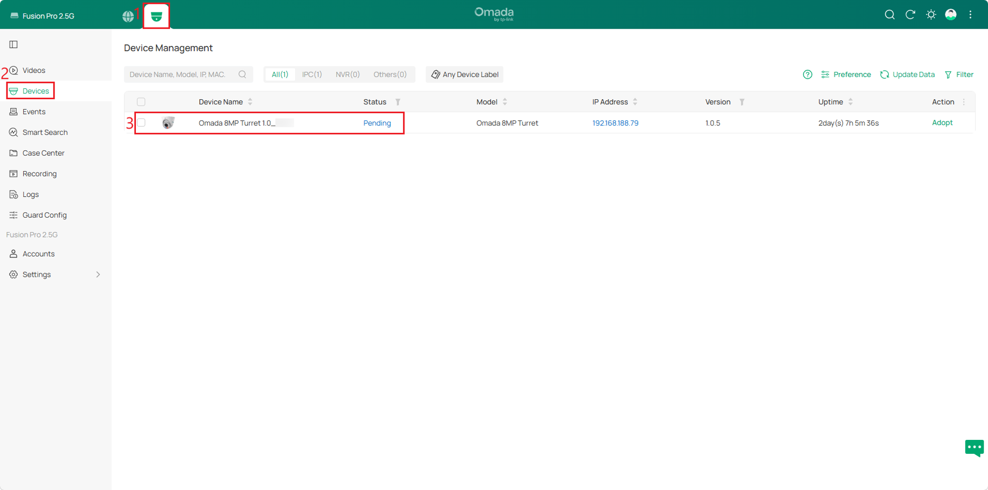 Omada Guard Devices page showing a security device with the Pending status