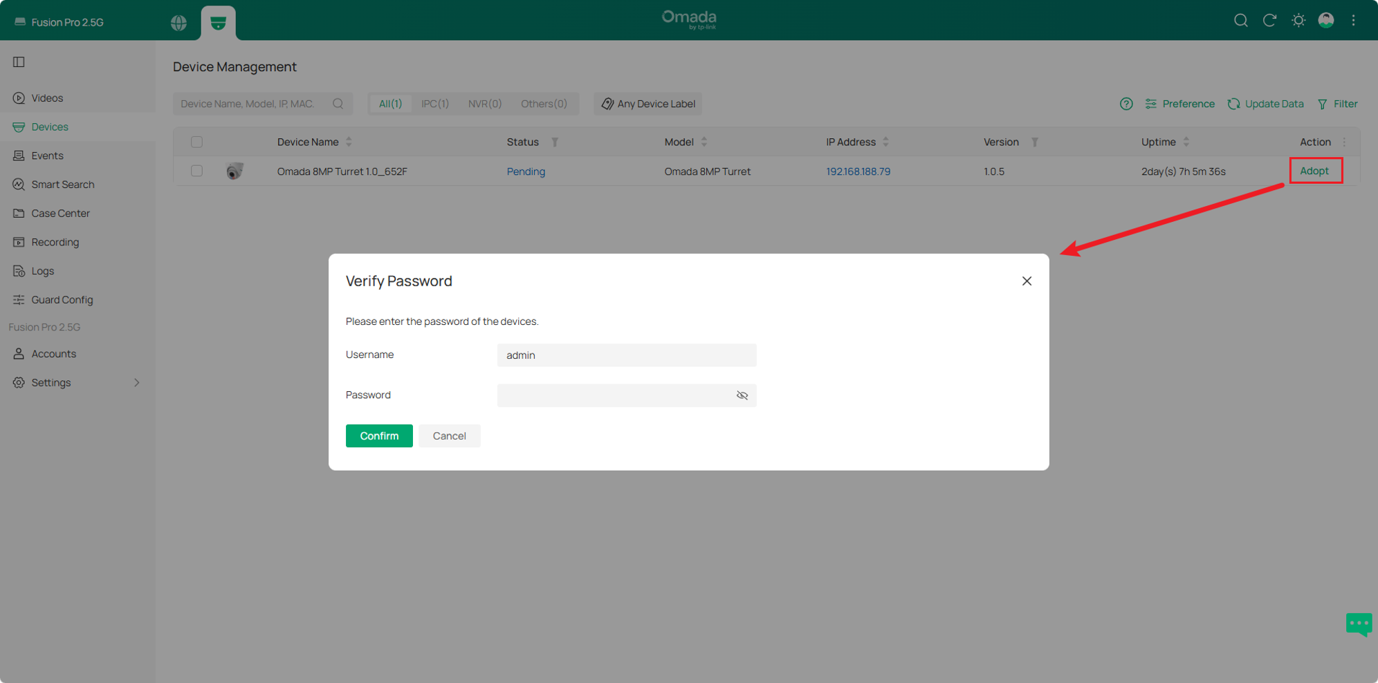 Omada Guard Devices page showing the password verification window during device adoption