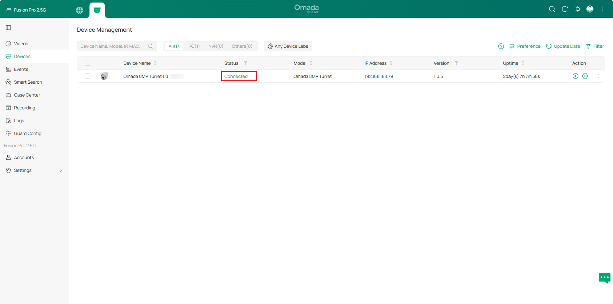 Omada Guard Devices page showing an adopted security device with the Connected status