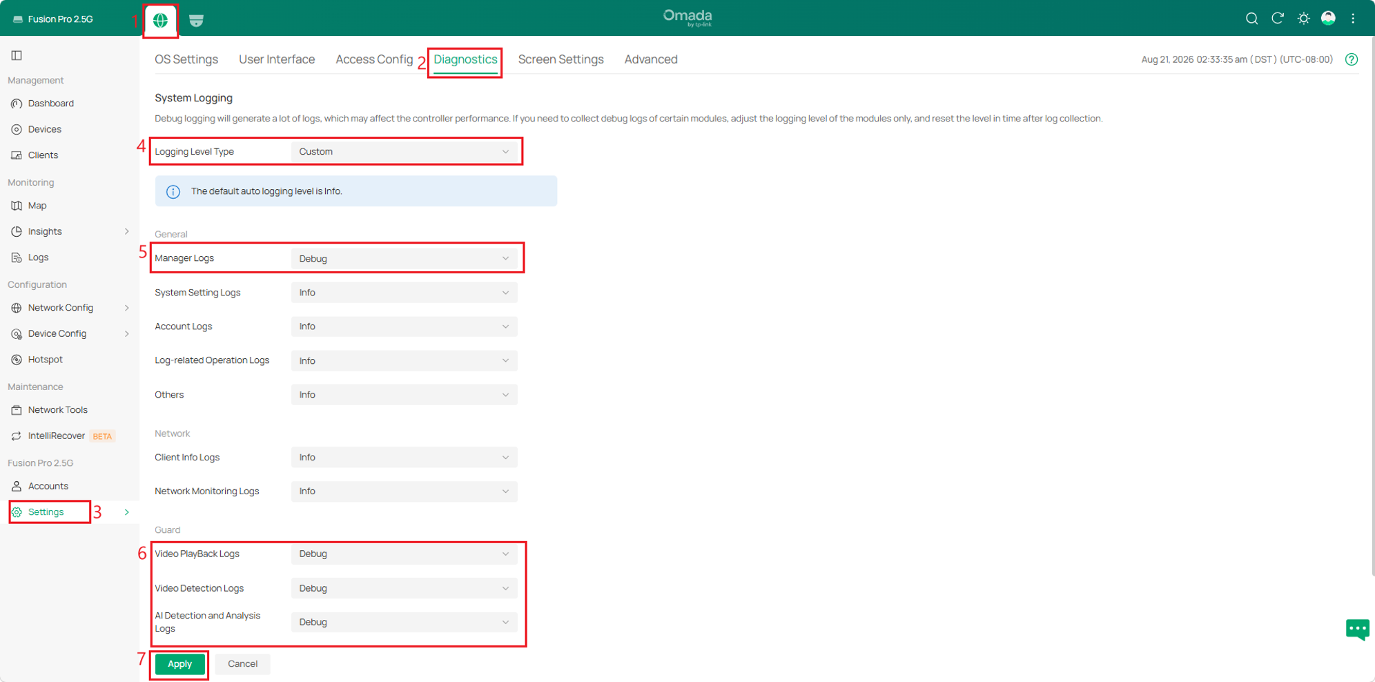 Omada Fusion Pro Diagnostics page showing Manager and Guard logs set to Debug