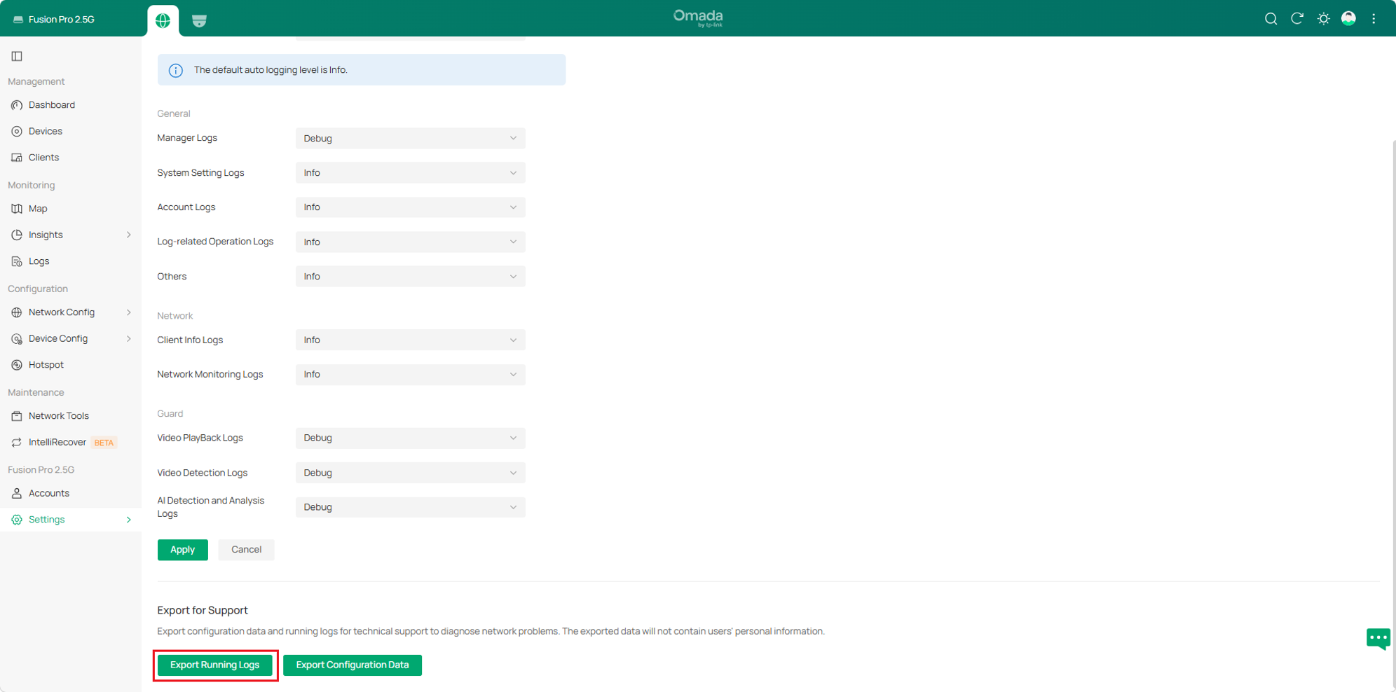 Omada Fusion Pro Diagnostics page showing the Export Running Logs button