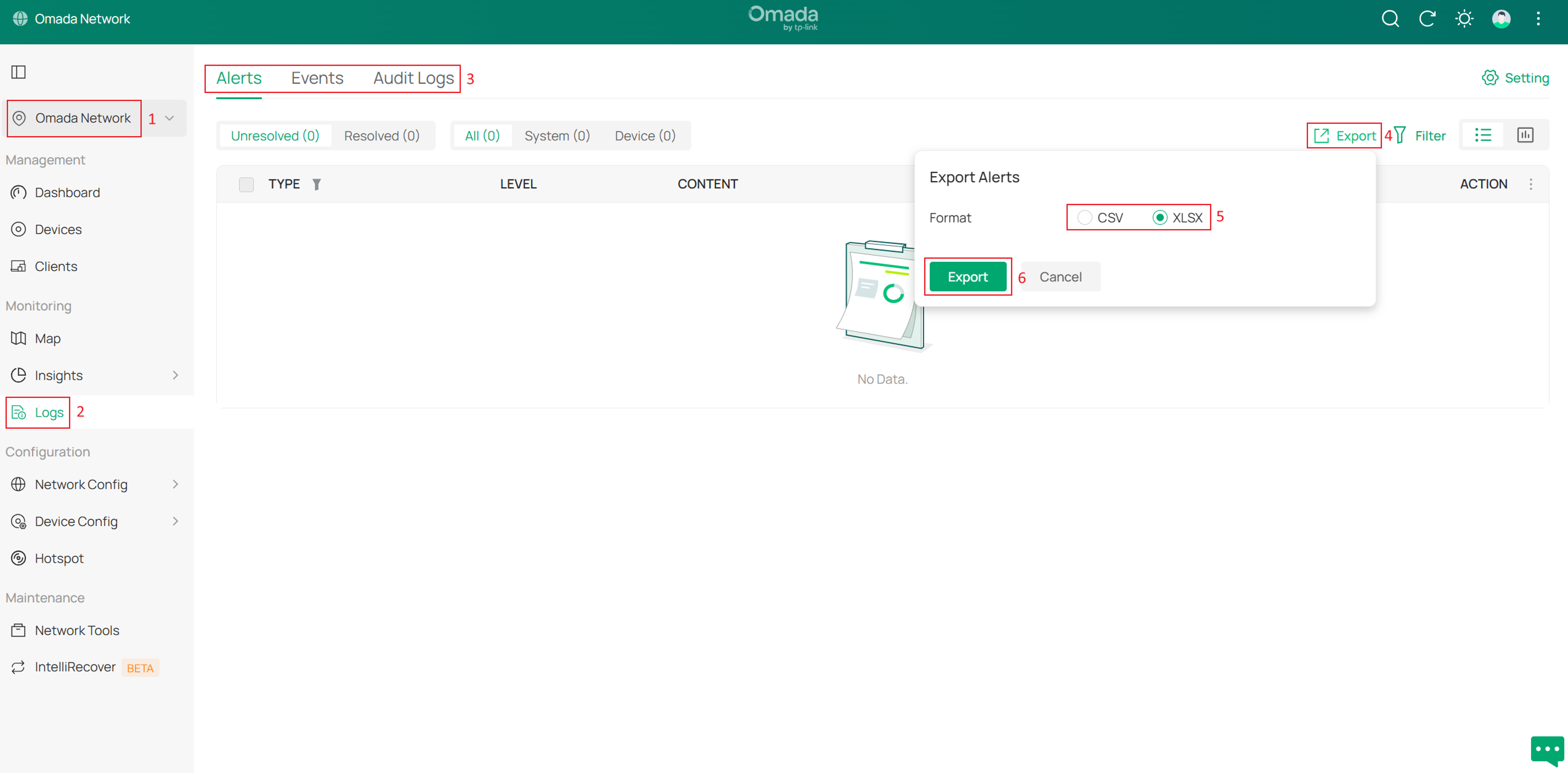 Omada Controller Logs page showing Alerts, Events, Audit Logs tabs, and the Export button.