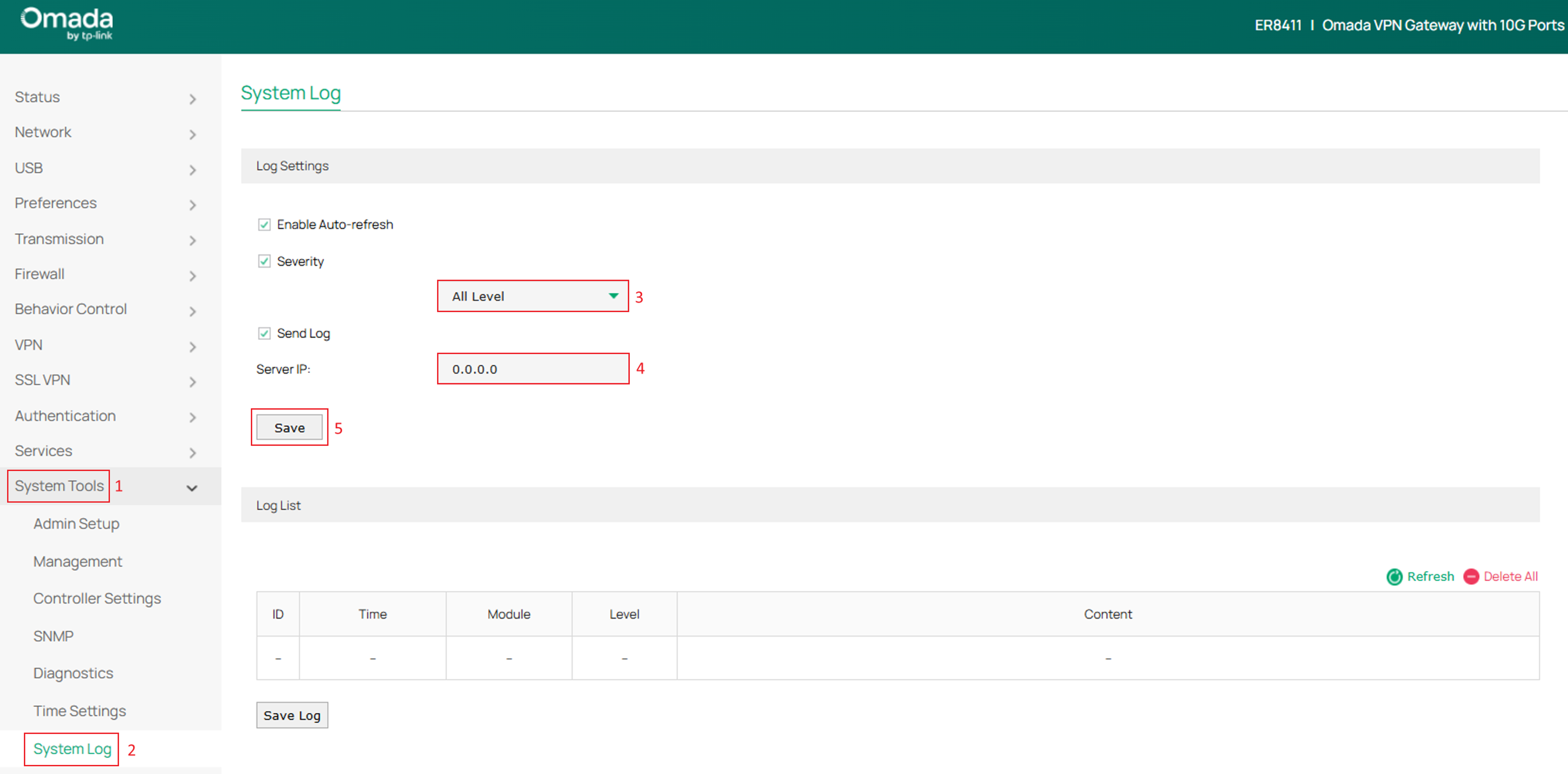 Gateway System Log page showing Send Log enabled and Syslog Server IP configured.