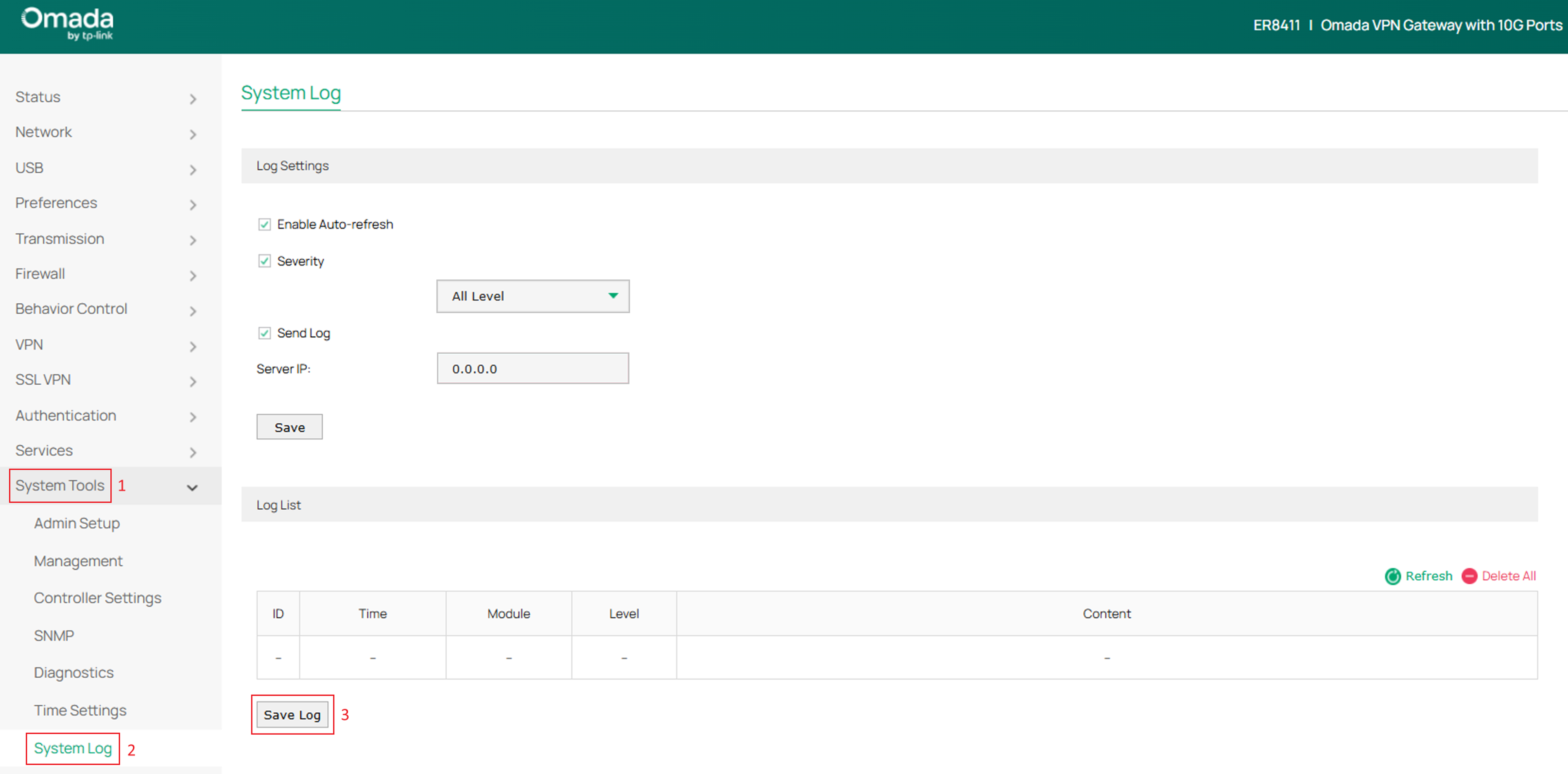 Gateway System Log page showing Log Settings, Log List, and Save Log button.