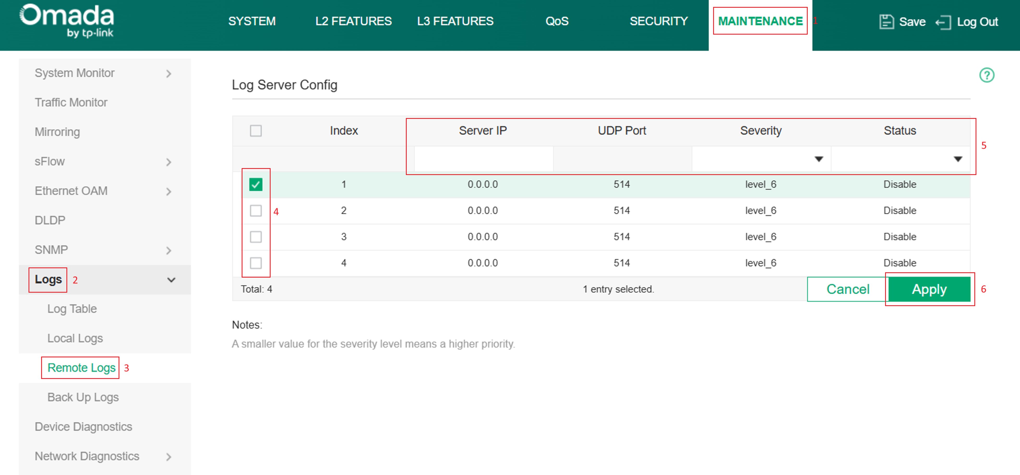 Switch Remote Logs page showing Log Server configuration settings.