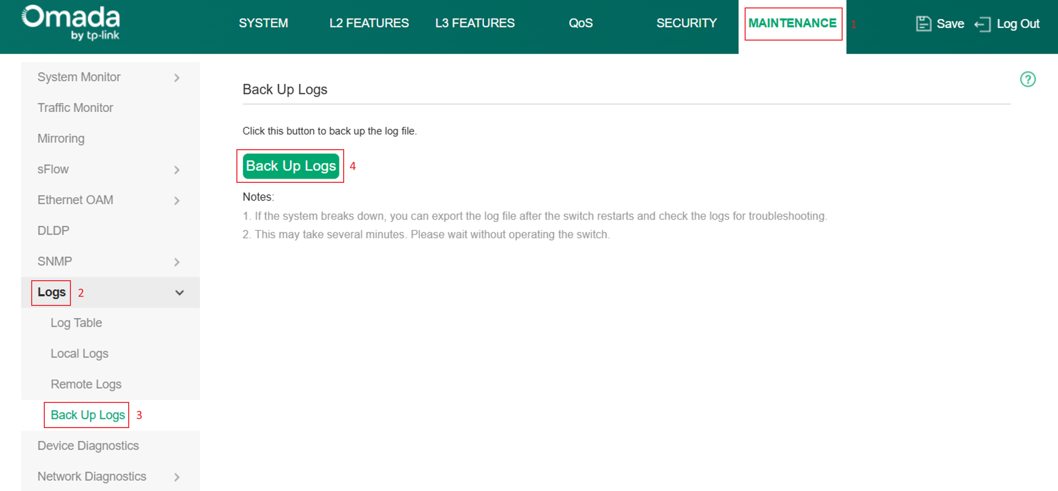 Switch Back Up Logs page showing the Back Up Logs button.