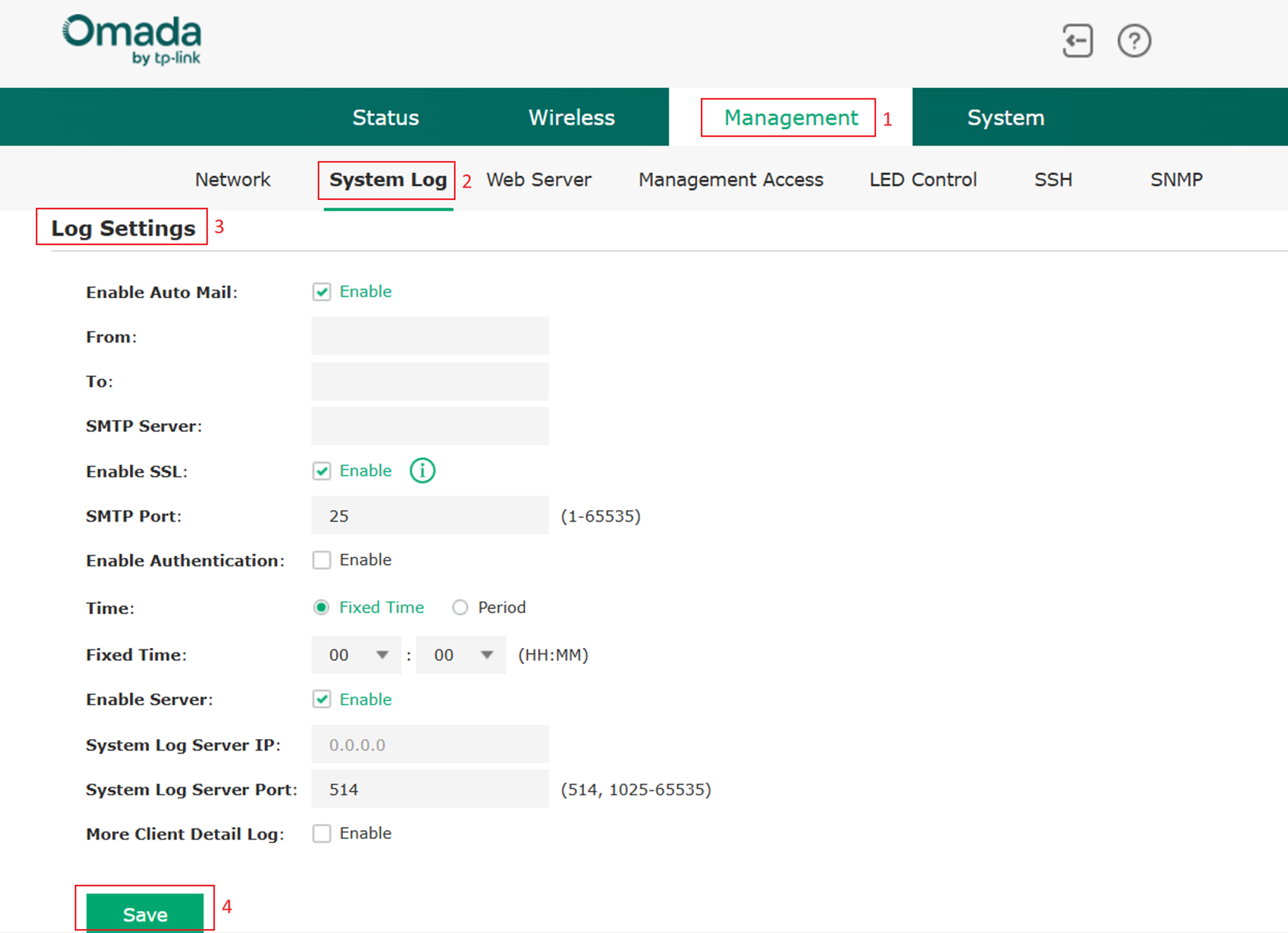 EAP System Log page showing Auto Mail settings, Syslog Server settings, and log configuration options.