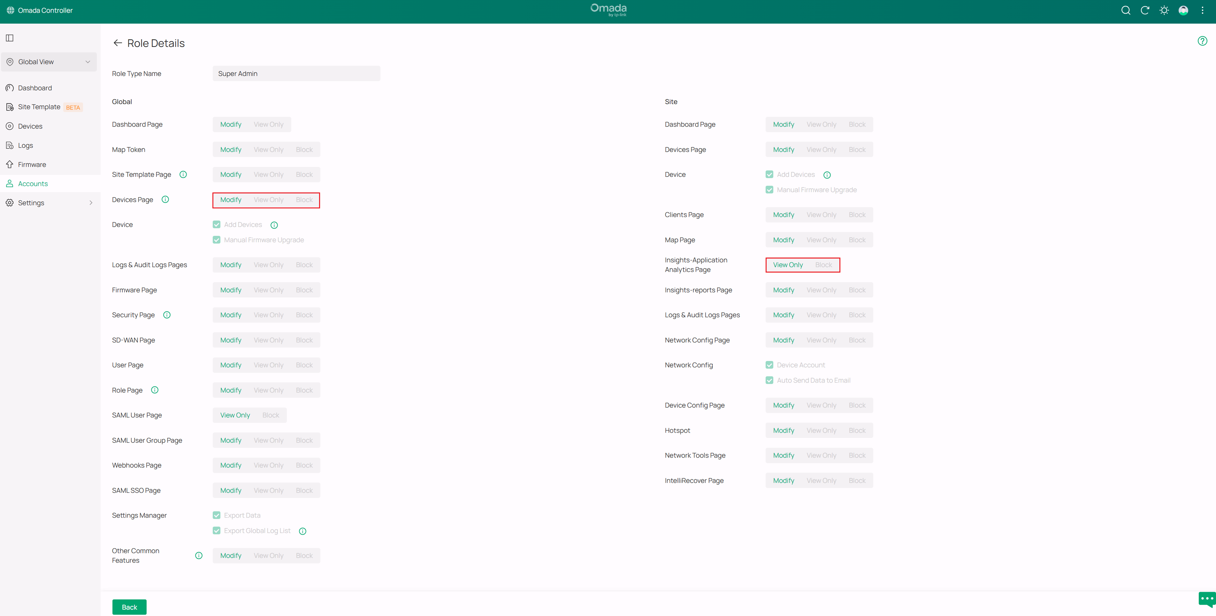 Super Admin account Roles Details showing (Modify, View Only, Block)