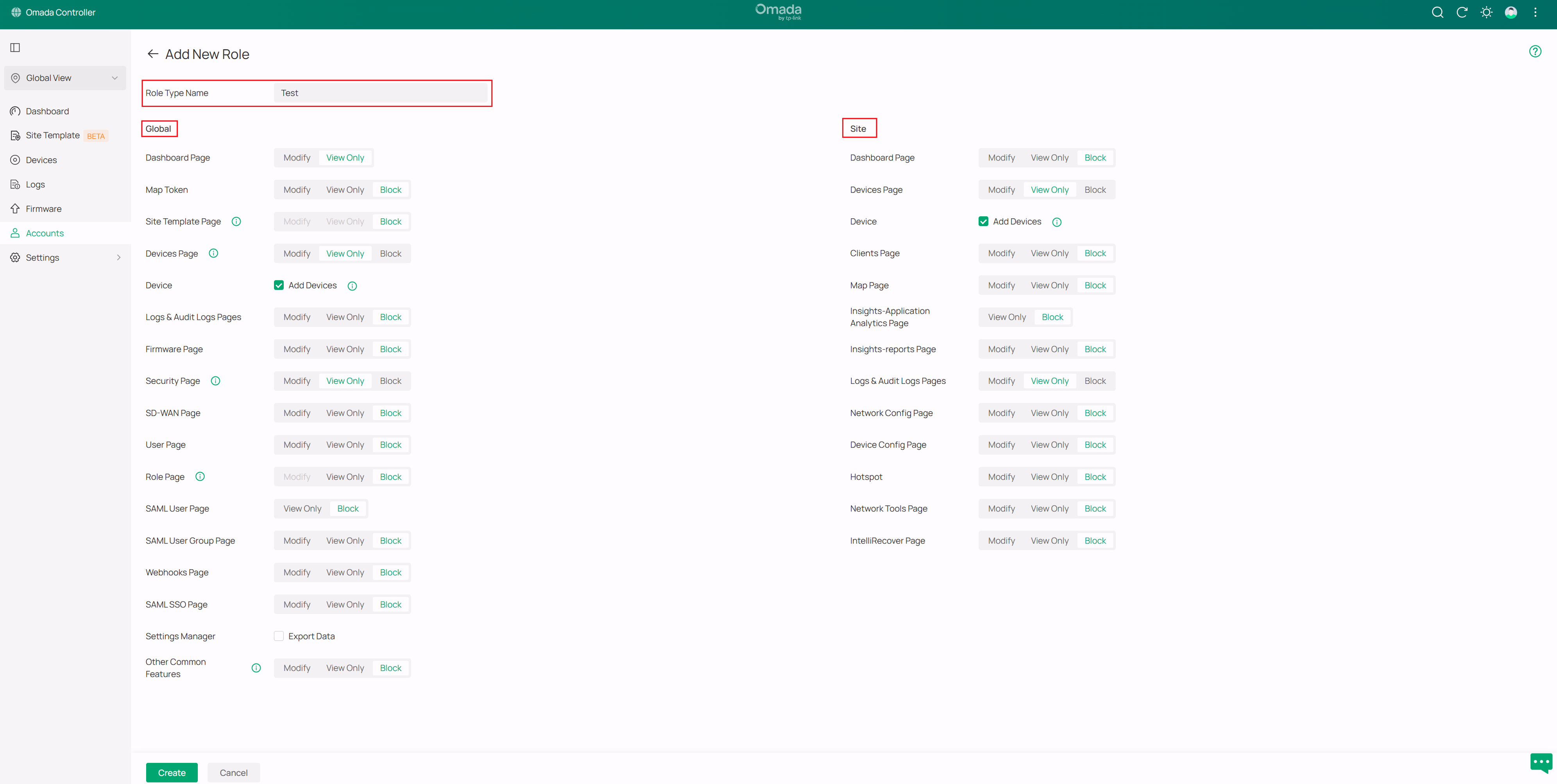 View for creating a custom Role for Omada account