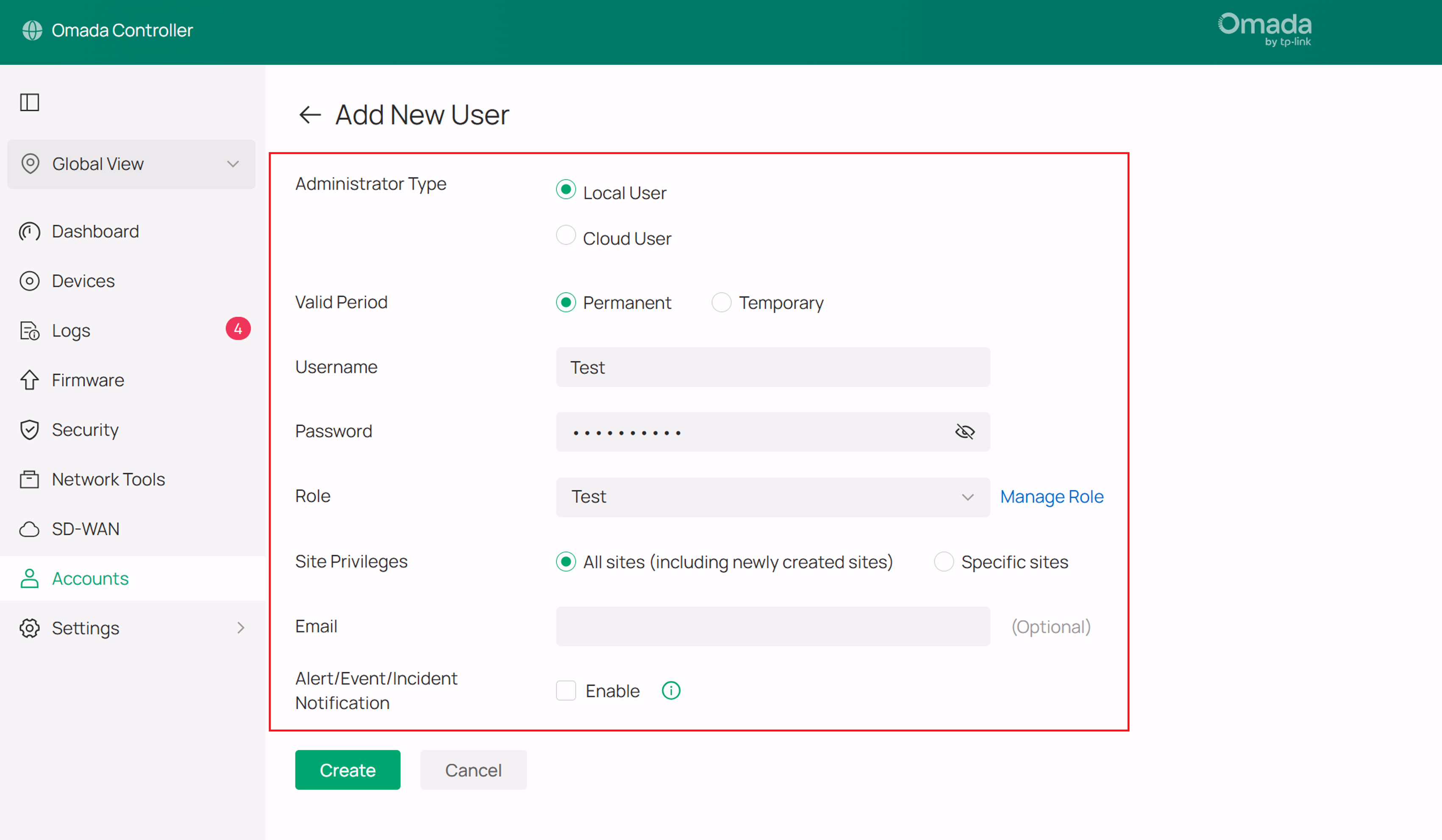 Creating a new User on Omada controller