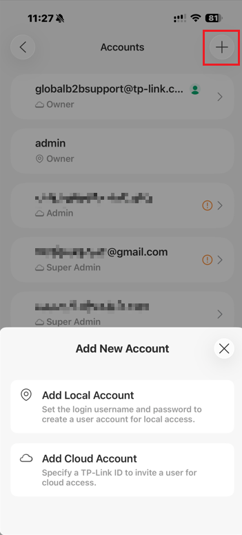 Add new account with the plus icon on the upper right corner