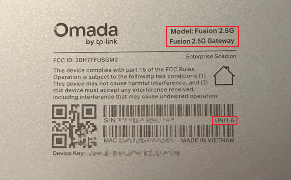 An Omada device label with model name and hardware version highlighted