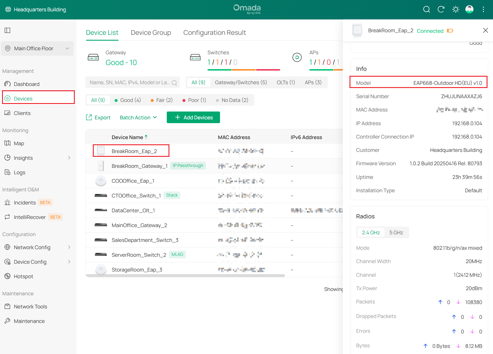 Omada controller devices page with model info highlighted