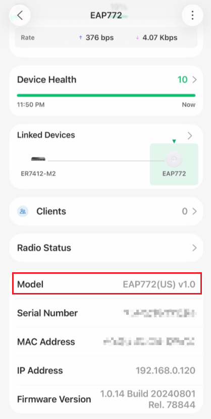 Omada app device page with model info highlighted