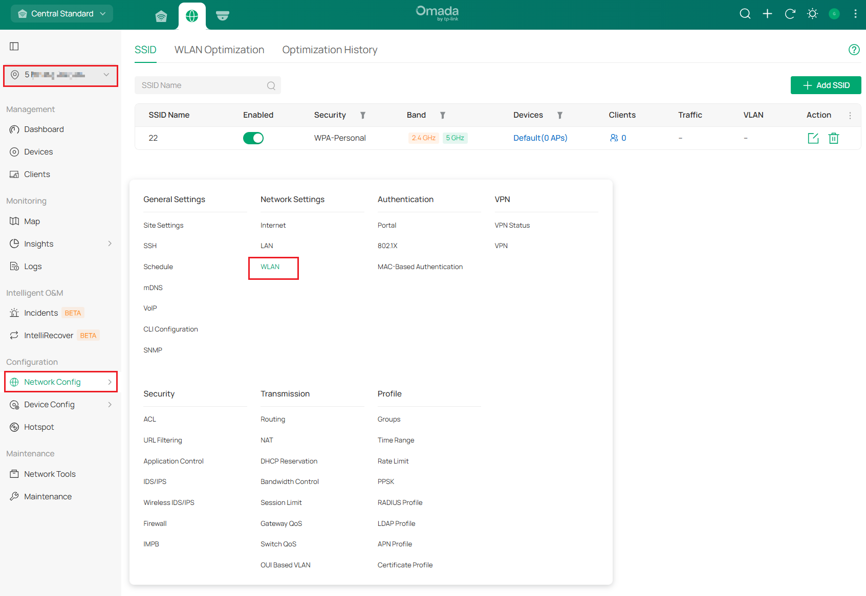 Controller site settings page show path to find WLAN option