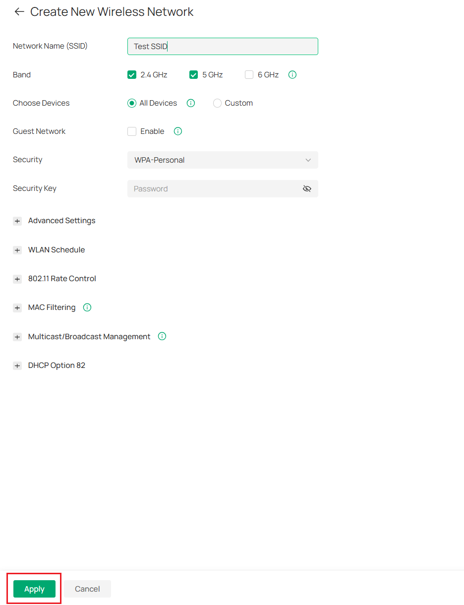 Create New Wireless Network page