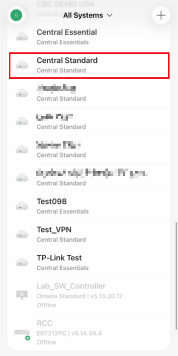 Omada app page with a central standard controller highlighted