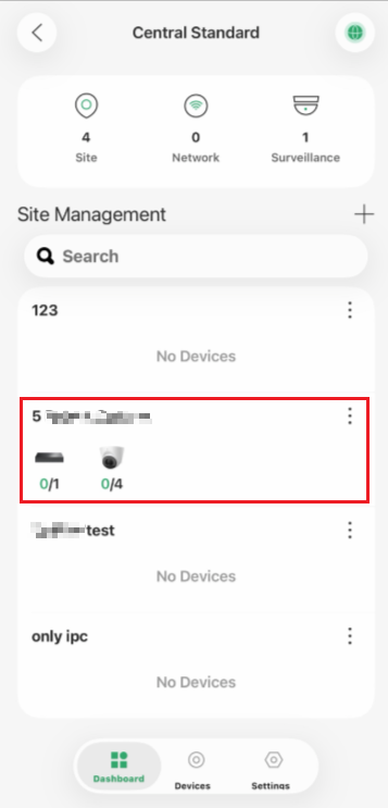 A site has been chosen under Omada app controller page