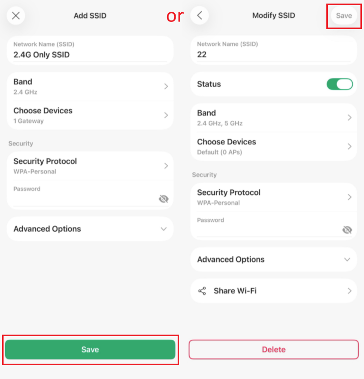 Add SSID and edit SSID page on Omada app