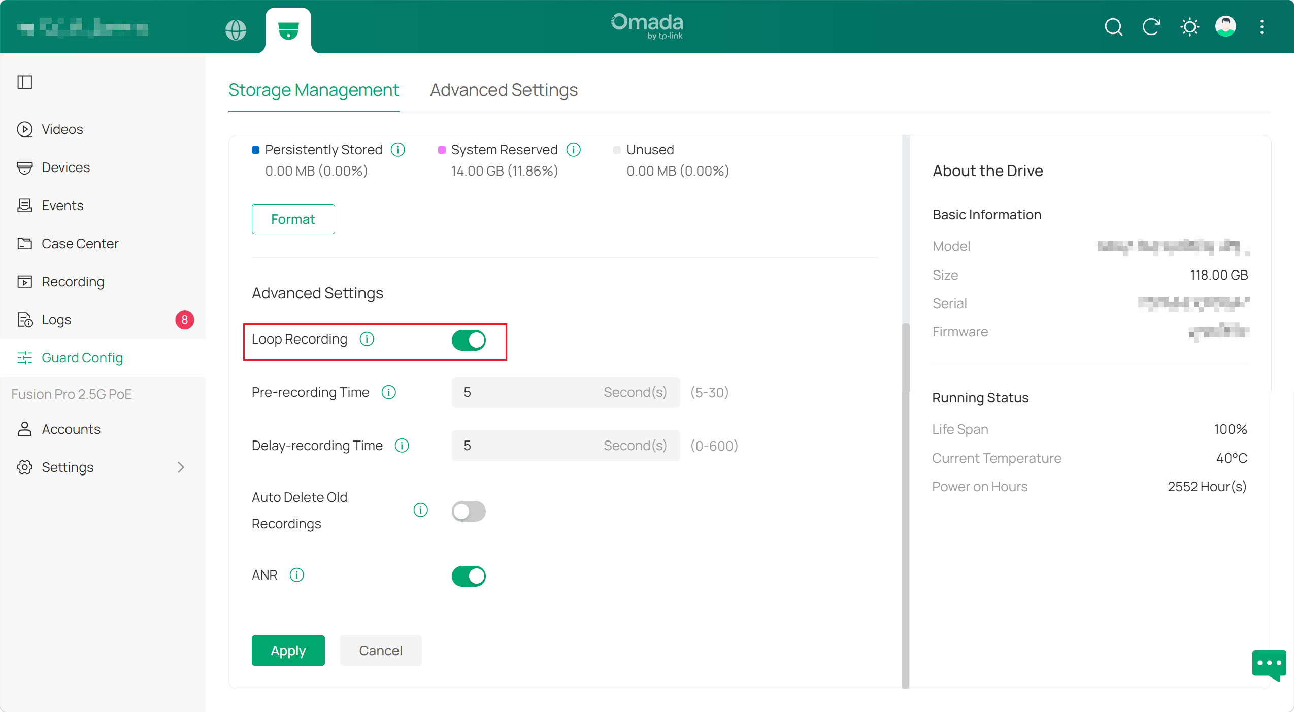 Loop Recording toggle in the Advanced Settings of the Storage Management interface.