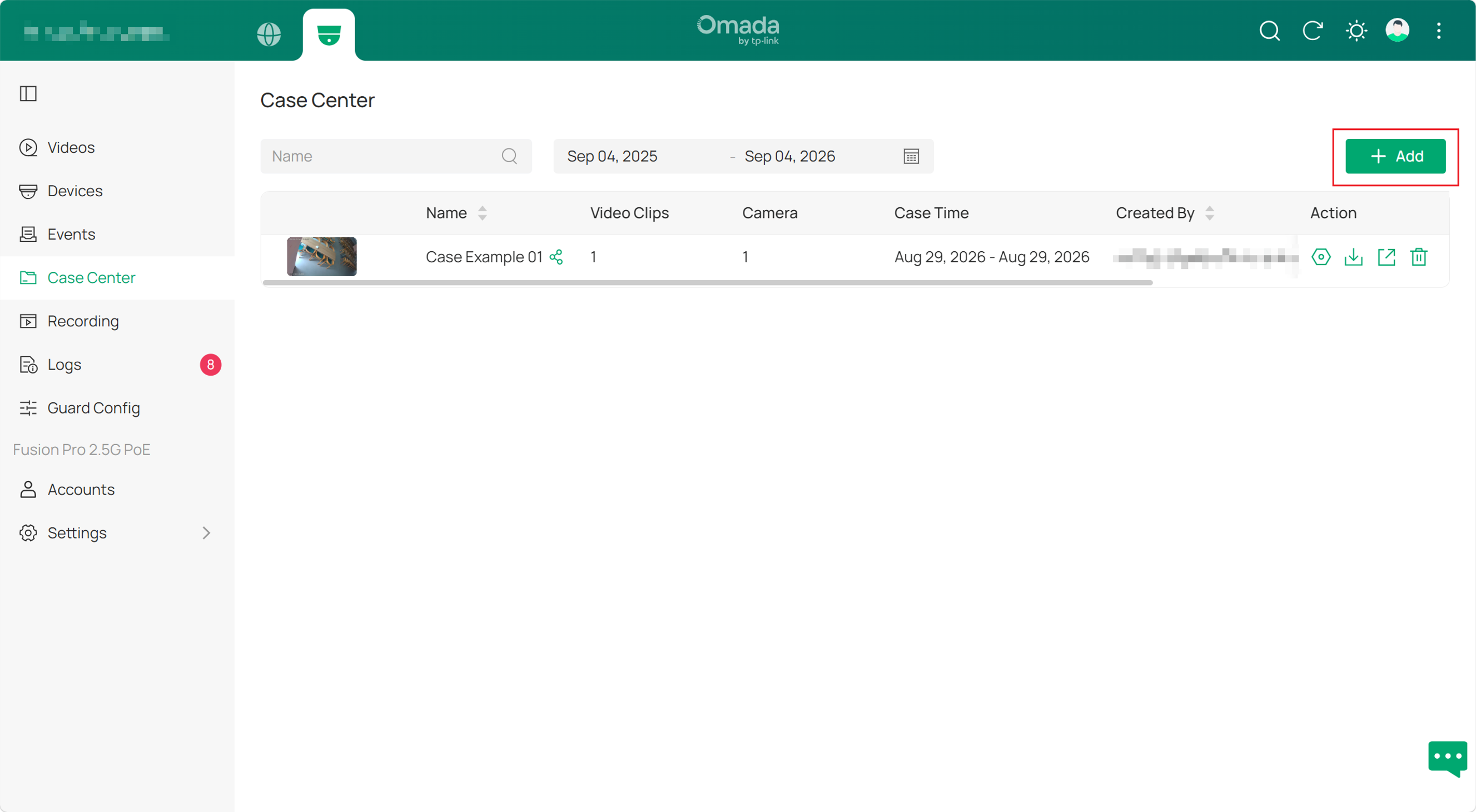 Omada Case Center page showing case records and the Add button for creating a new security investigation case.