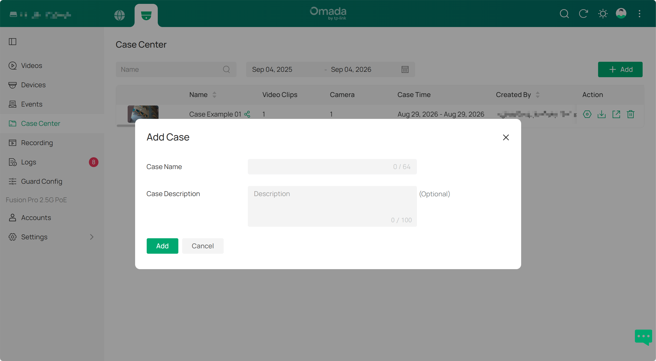Add Case dialog in Omada Case Center for entering a case name and description to create a new case.