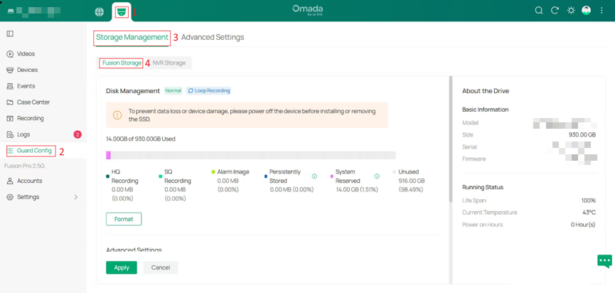 Omada Guard Config Storage Management page showing disk usage, storage allocation, and drive status details.