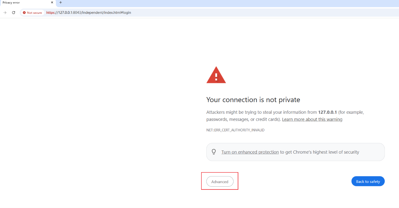 Chrome security warning page with Advanced option displayed.