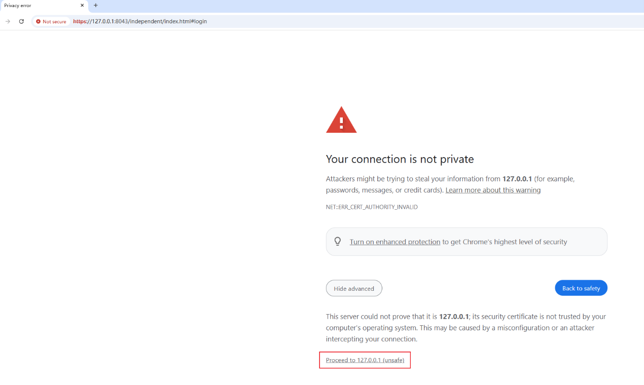 Chrome proceed link bypassing the certificate warning page.